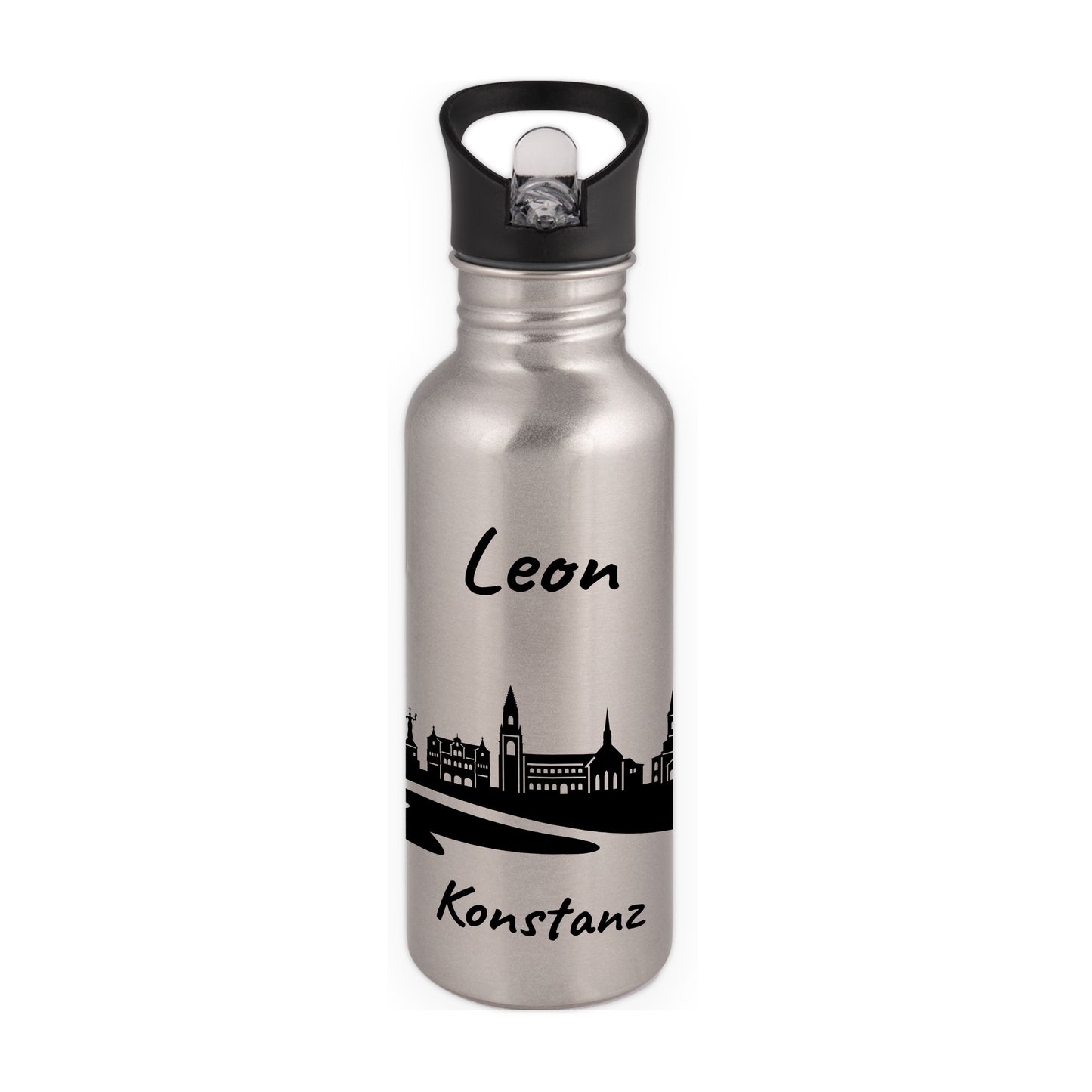Trinkflasche in Silber 600ml aus Edelstahl bedruckt mit der Skyline von Konstanz personalisierbar mit Wunschname