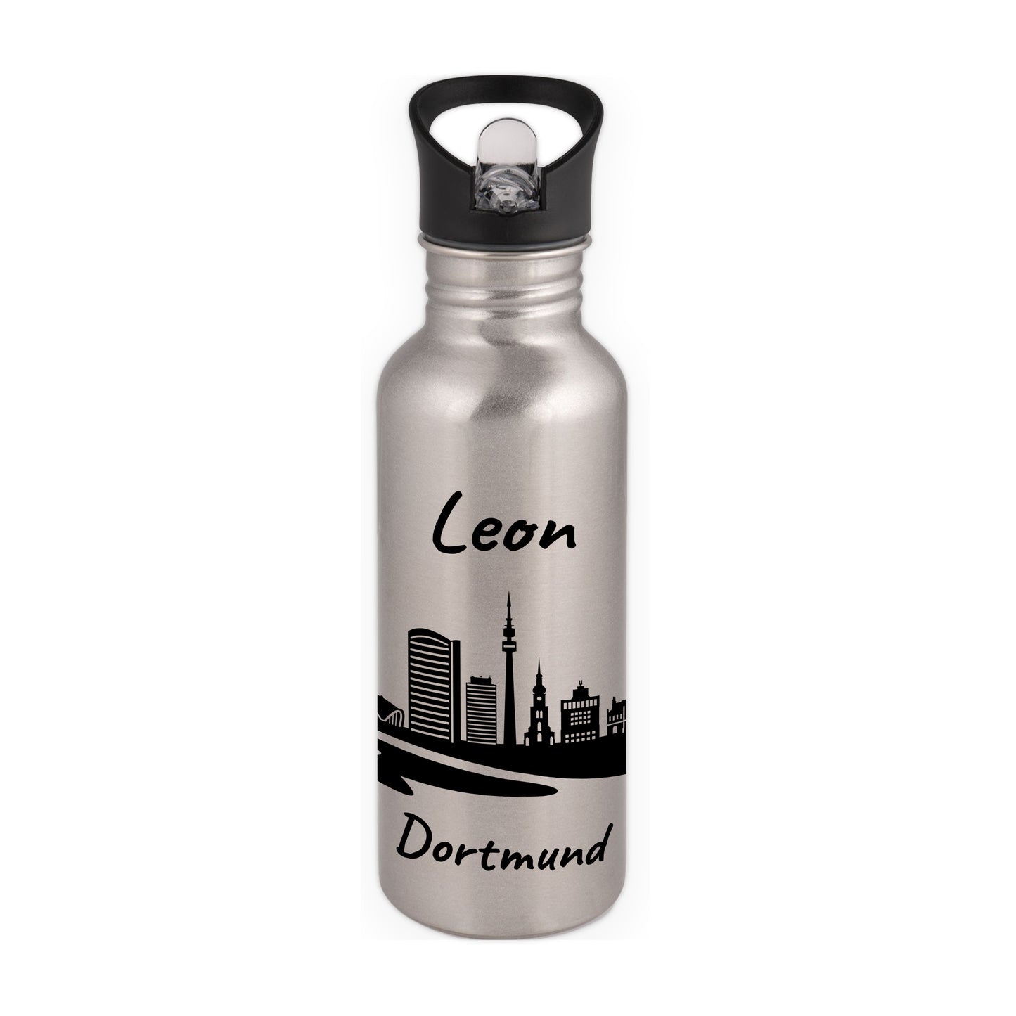 Trinkflasche in Silber 600ml aus Edelstahl bedruckt mit der Skyline von Dortmund personalisierbar mit Wunschname
