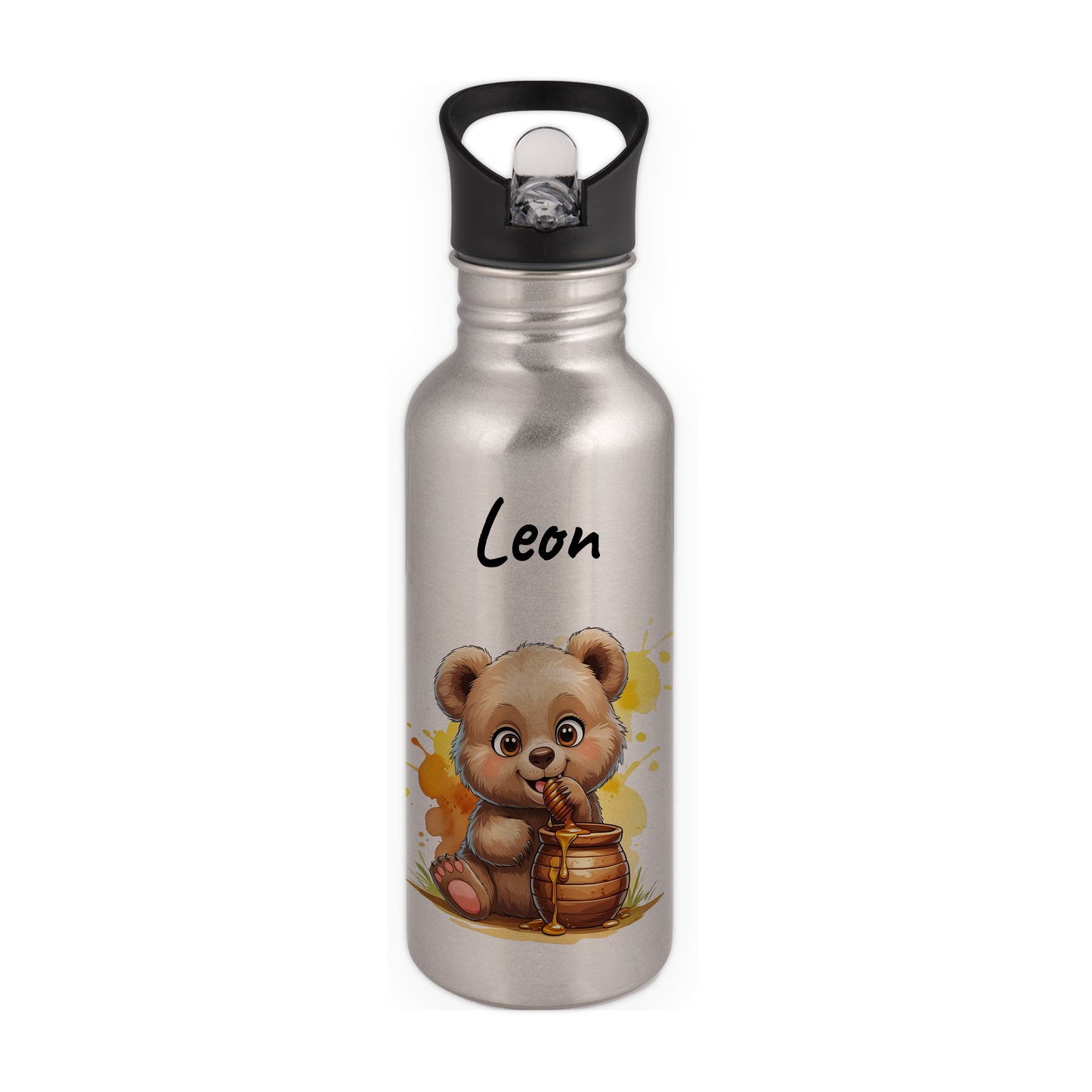 Trinkflasche mit Strohhalm in Silber 600ml bedruckt mit niedlichen Tieren"Bär" personalisierbar für Kinder mit Wunschname aus Edelstahl