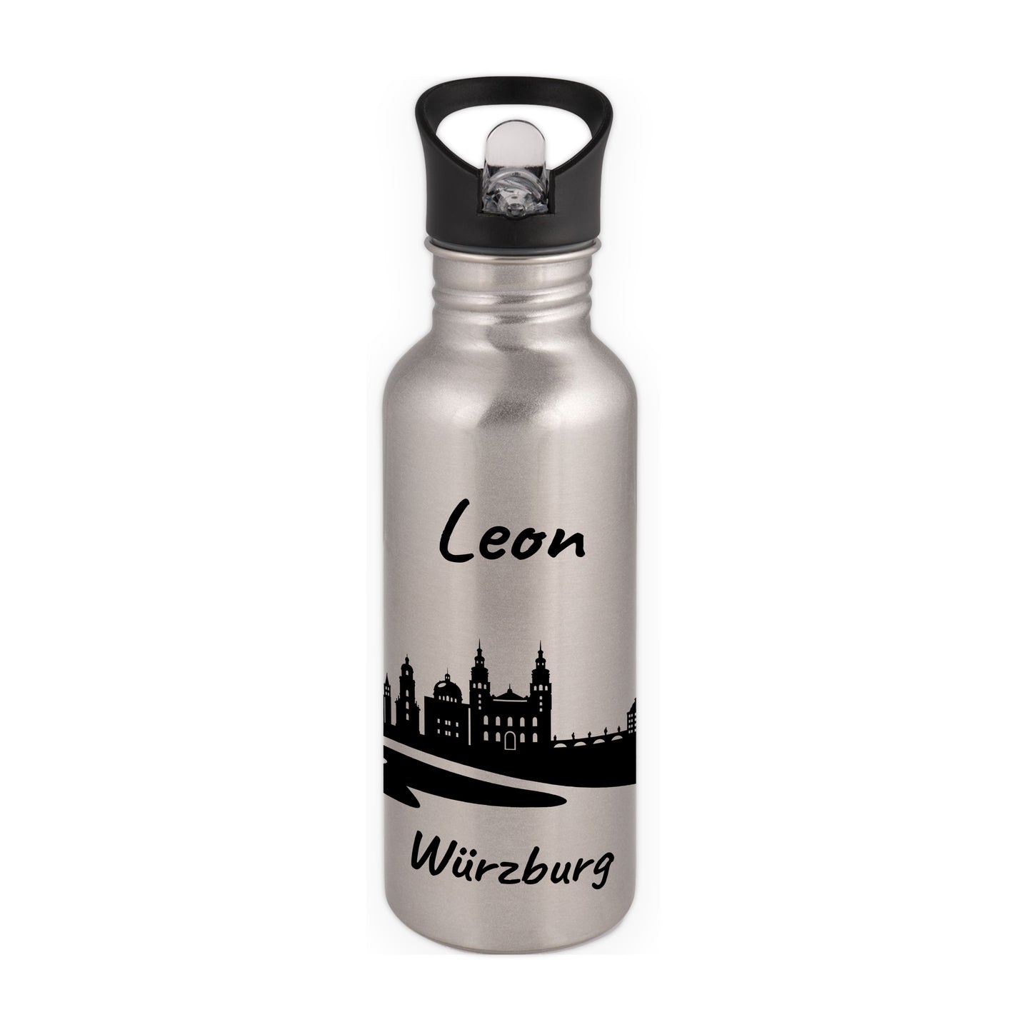 Trinkflasche in Silber 600ml aus Edelstahl bedruckt mit der Skyline von Würzburg personalisierbar mit Wunschname