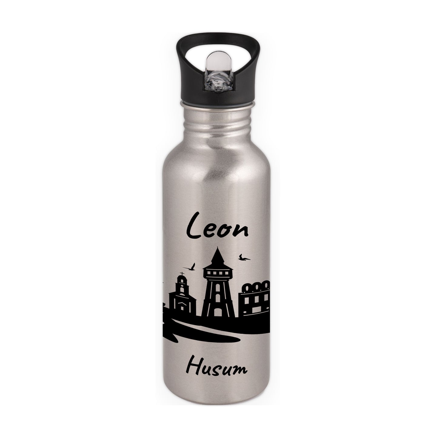 Trinkflasche in Silber 600ml aus Edelstahl bedruckt mit der Skyline von Husum personalisierbar mit Wunschname