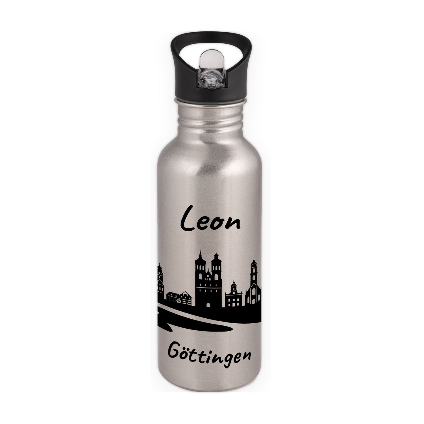 Trinkflasche in Silber 600ml aus Edelstahl bedruckt mit der Skyline von Göttingen personalisierbar mit Wunschname