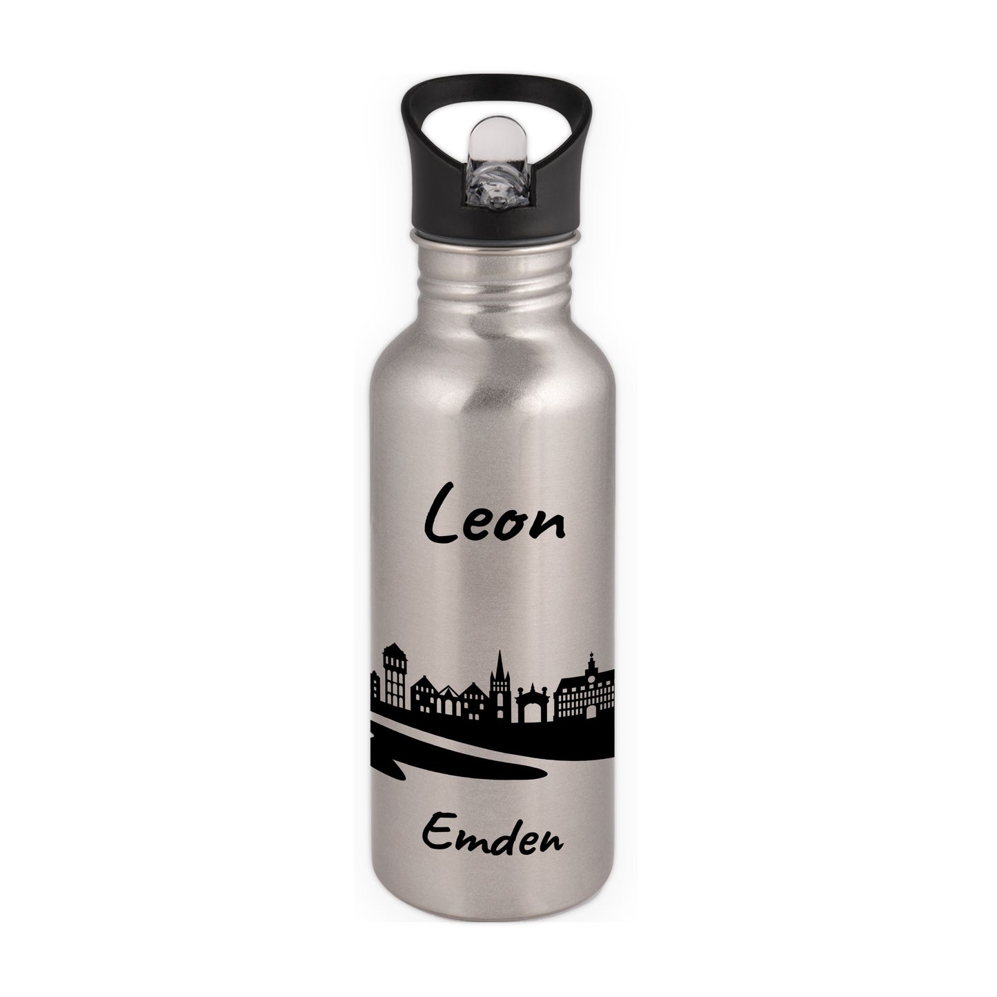 Trinkflasche in Silber 600ml aus Edelstahl bedruckt mit der Skyline von Emden personalisierbar mit Wunschname