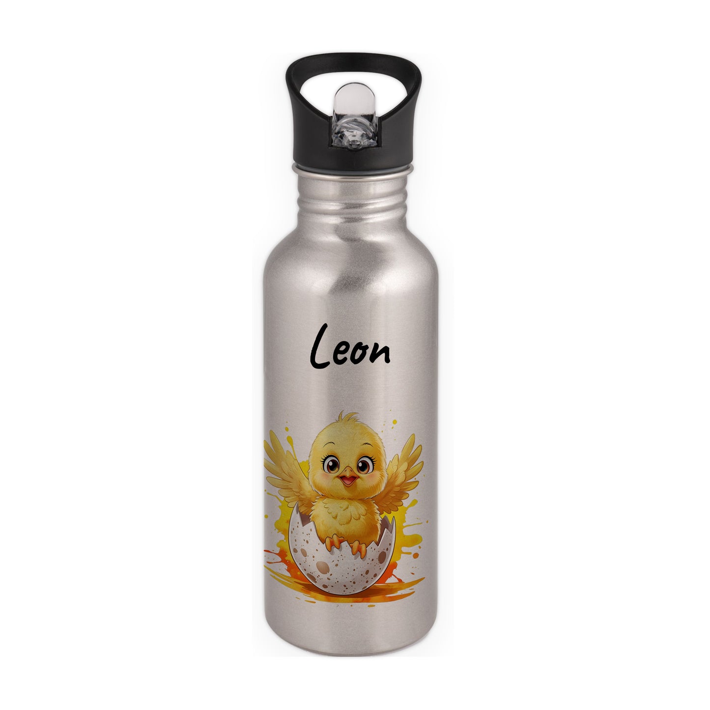 Trinkflasche mit Strohhalm in Silber 600ml bedruckt mit niedlichen Tieren"Küken" personalisierbar für Kinder mit Wunschname aus Edelstahl