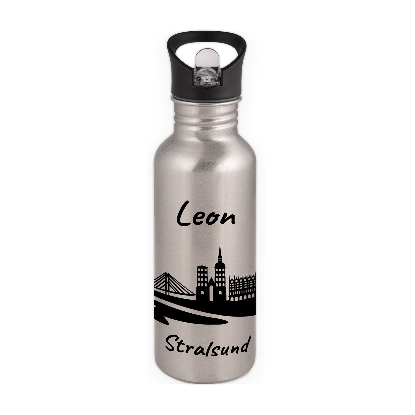 Trinkflasche in Silber 600ml aus Edelstahl bedruckt mit der Skyline von Stralsund personalisierbar mit Wunschname