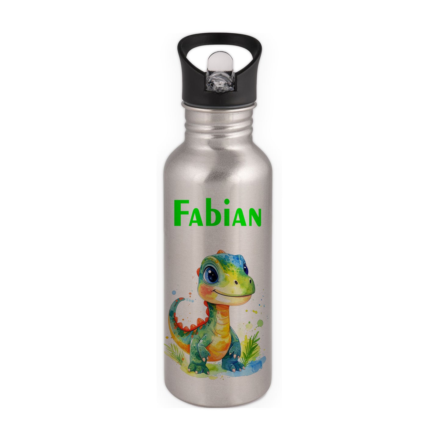Trinkflasche mit Strohhalm in Silber 600ml bedruckt mit tollen Motiven für Kinder "Dino Kinder" personalisierbar für Kinder mit Wunschname aus Edelstahl