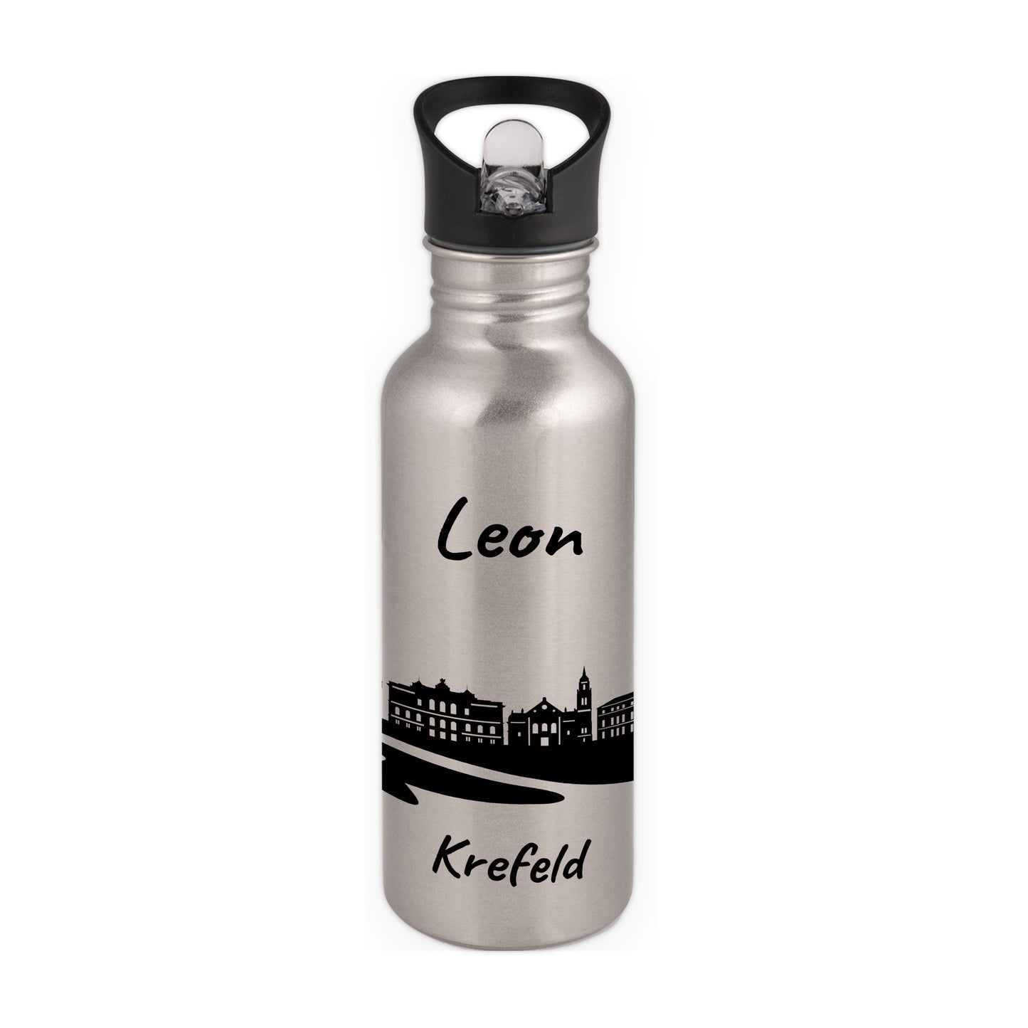 Trinkflasche in Silber 600ml aus Edelstahl bedruckt mit der Skyline von Krefeld personalisierbar mit Wunschname