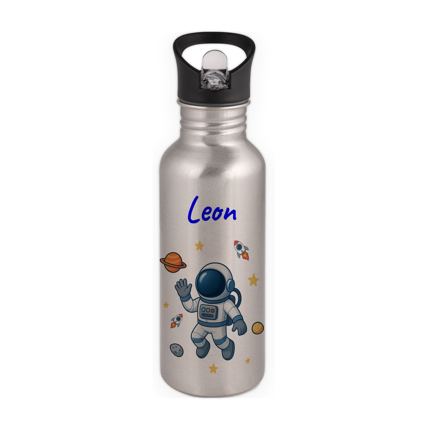 Trinkflasche mit Strohhalm in Silber 600ml bedruckt mit tollen Motiven für Kinder "Astronaut" personalisierbar für Kinder mit Wunschname aus Edelstahl