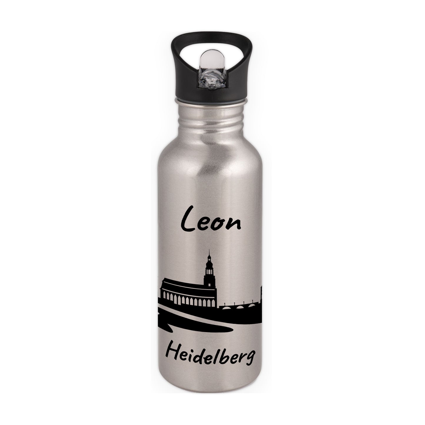 Trinkflasche in Silber 600ml aus Edelstahl bedruckt mit der Skyline von Heidelberg personalisierbar mit Wunschname
