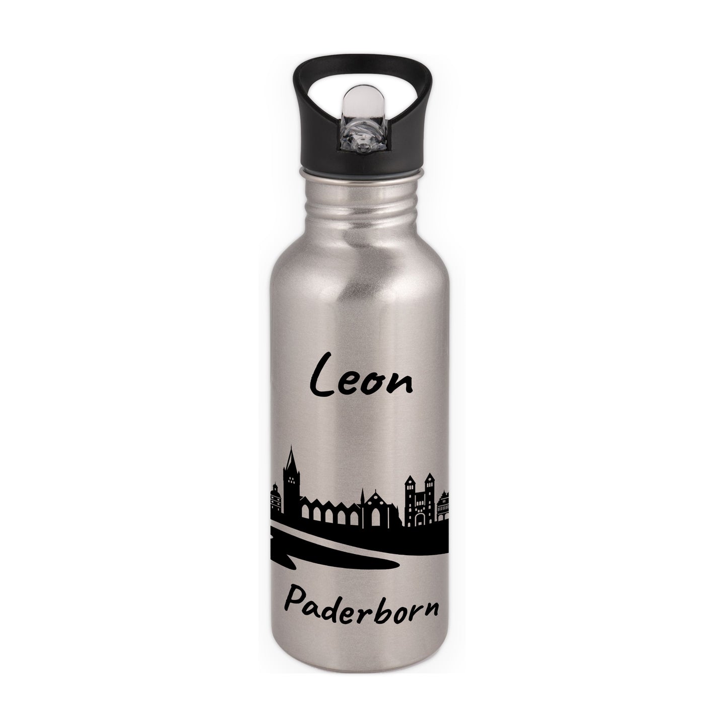 Trinkflasche in Silber 600ml aus Edelstahl bedruckt mit der Skyline von Paderborn personalisierbar mit Wunschname