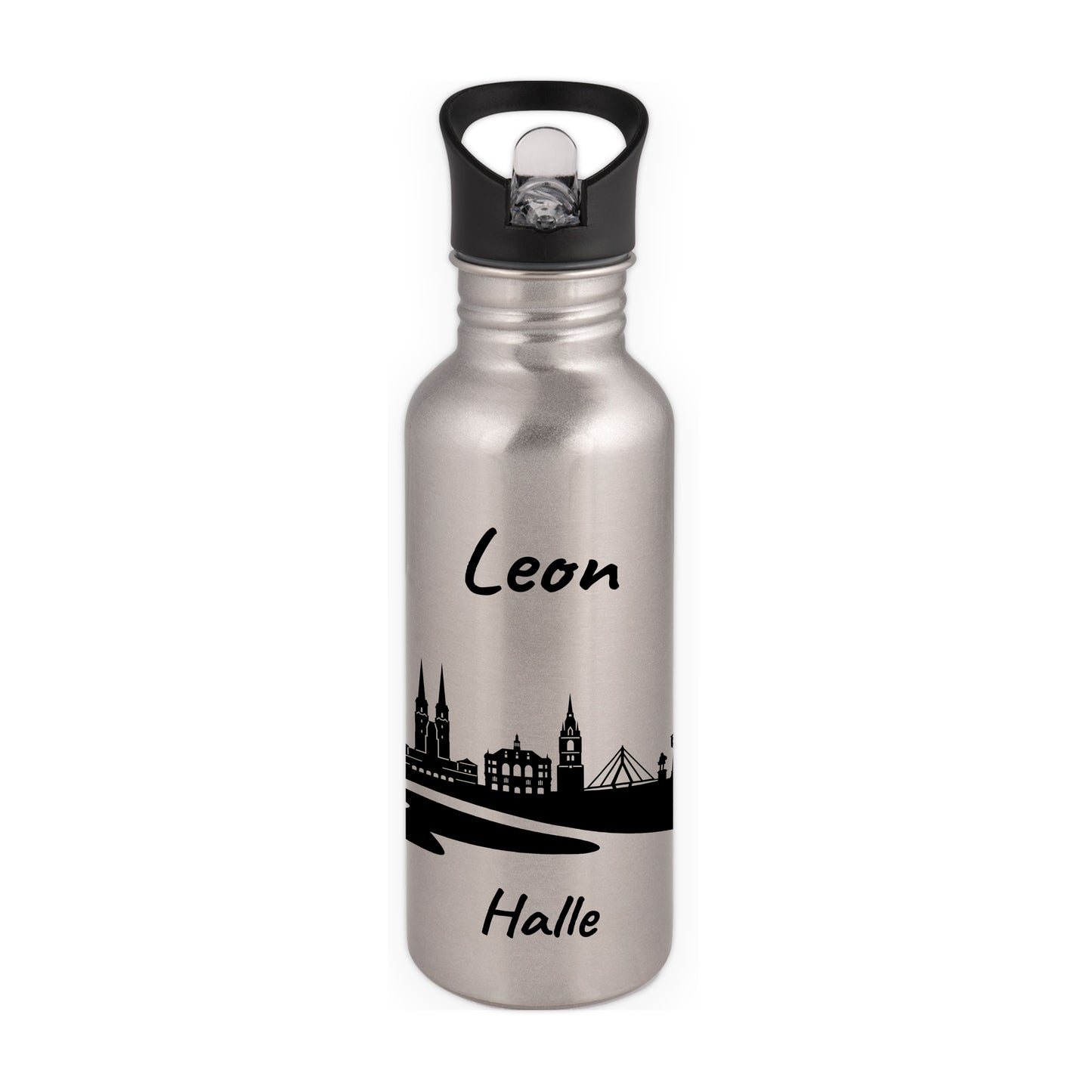 Trinkflasche in Silber 600ml aus Edelstahl bedruckt mit der Skyline von Halle personalisierbar mit Wunschname