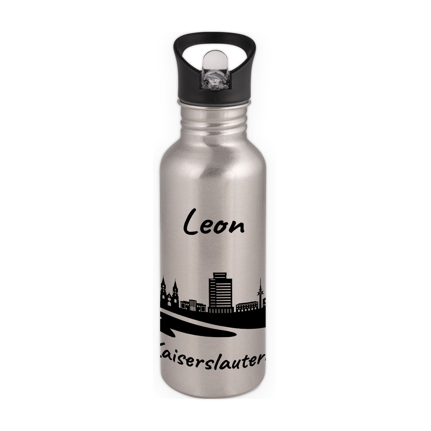 Trinkflasche in Silber 600ml aus Edelstahl bedruckt mit der Skyline von Kaiserslautern personalisierbar mit Wunschname