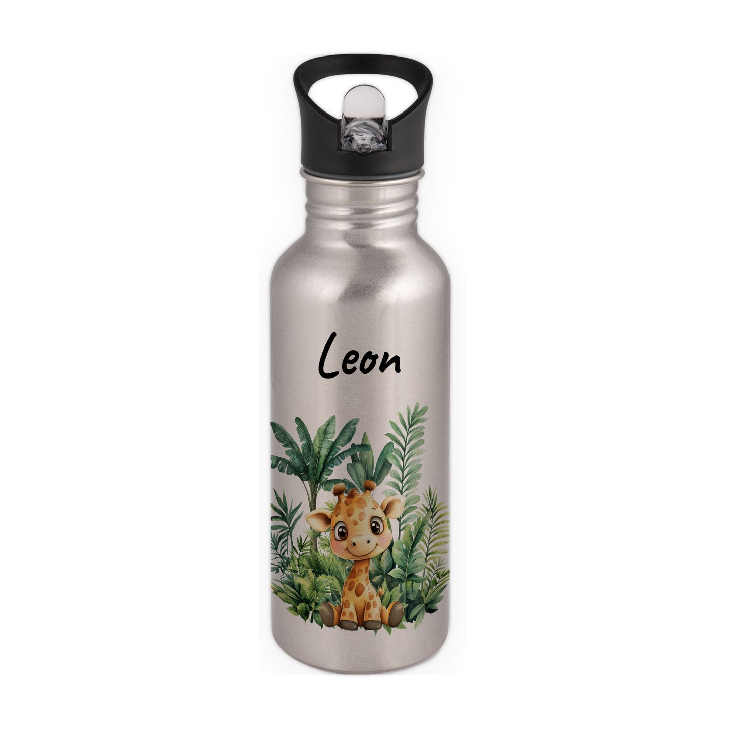 Trinkflasche mit Strohhalm in Silber 600ml bedruckt mit Dschungel Tieren"Giraffe" personalisierbar für Kinder mit Wunschname aus Edelstahl