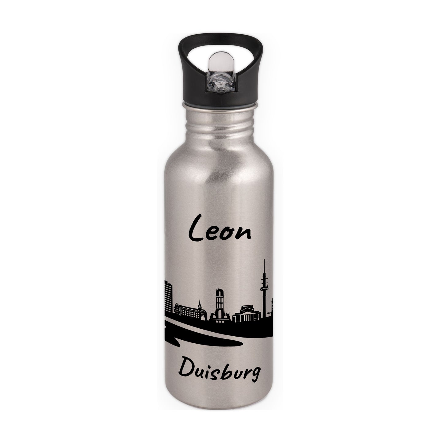 Trinkflasche in Silber 600ml aus Edelstahl bedruckt mit der Skyline von Duisburg personalisierbar mit Wunschname