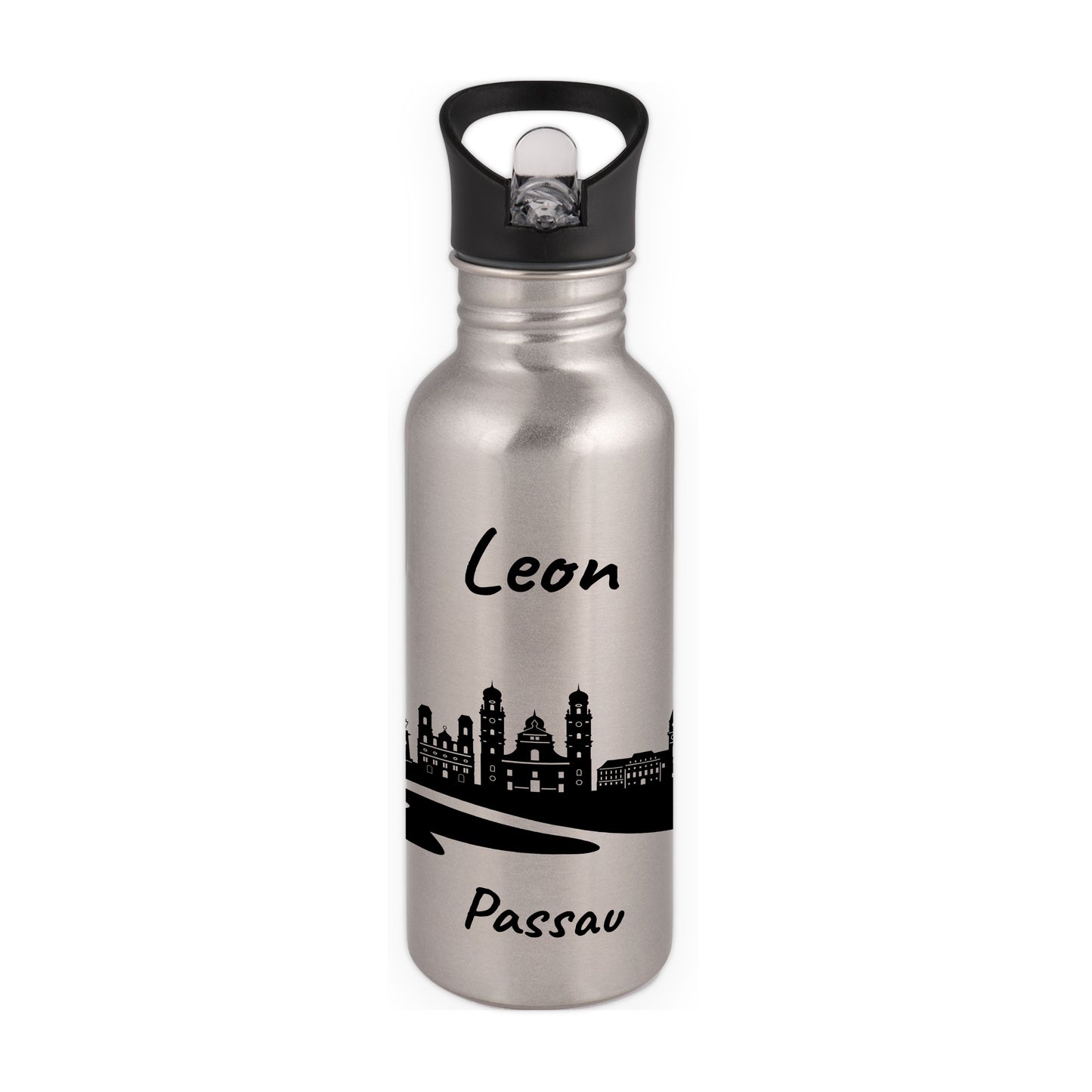 Trinkflasche in Silber 600ml aus Edelstahl bedruckt mit der Skyline von Passau personalisierbar mit Wunschname