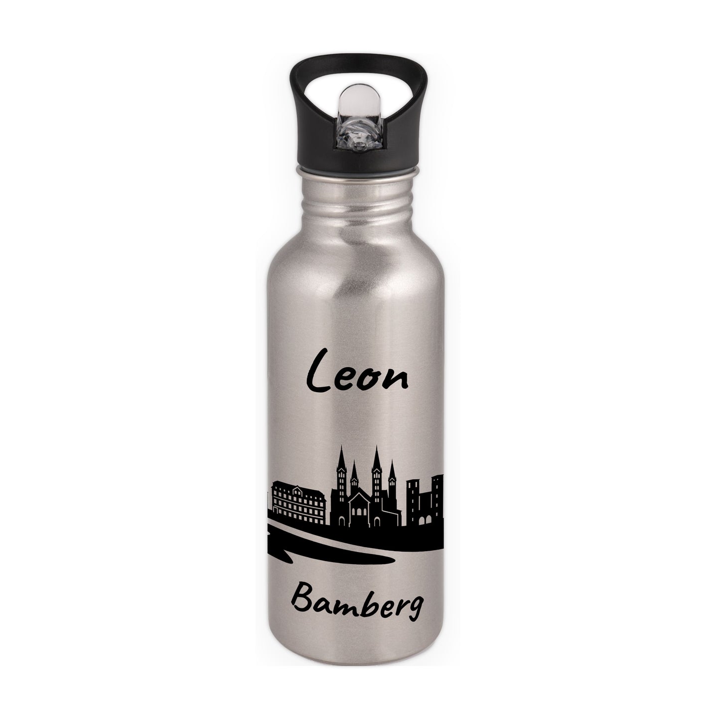 Trinkflasche in Silber 600ml aus Edelstahl bedruckt mit der Skyline von Bamberg personalisierbar mit Wunschname