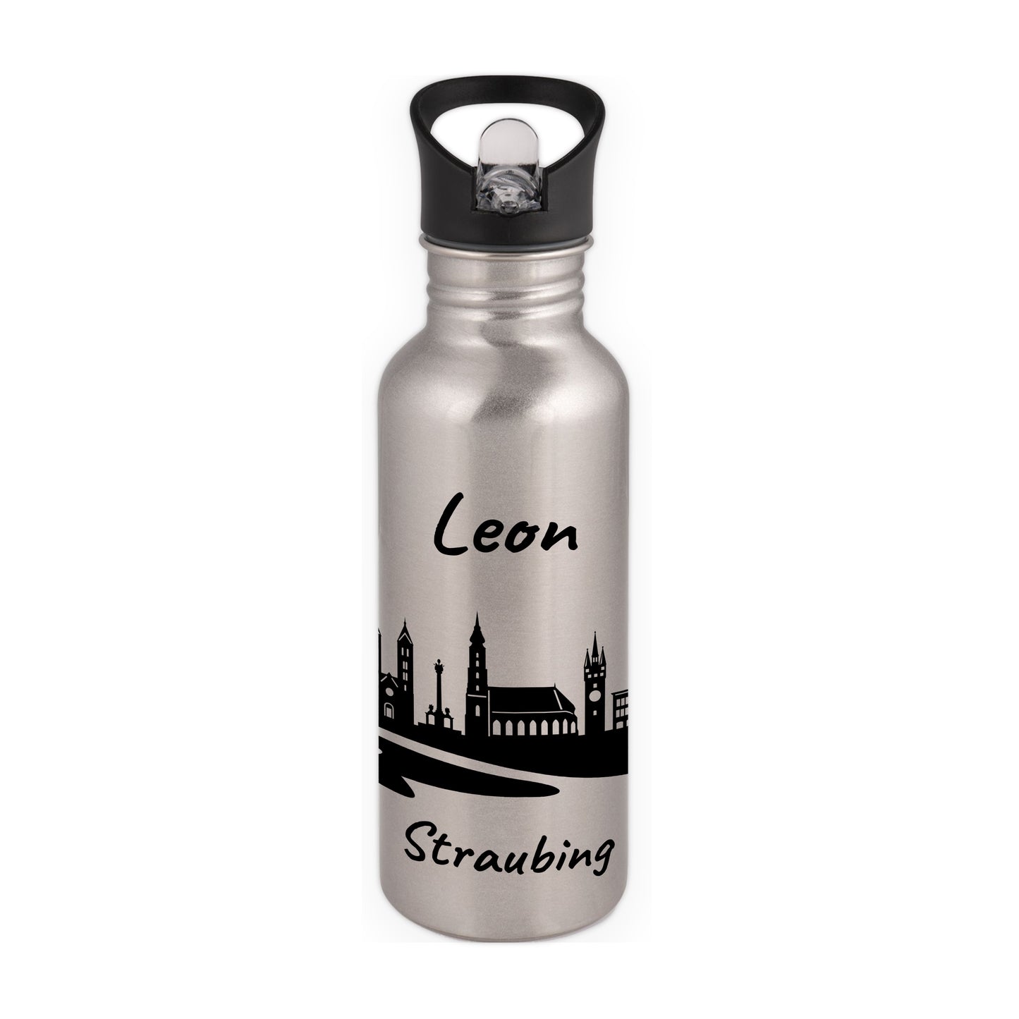 Trinkflasche in Silber 600ml aus Edelstahl bedruckt mit der Skyline von Straubing personalisierbar mit Wunschname