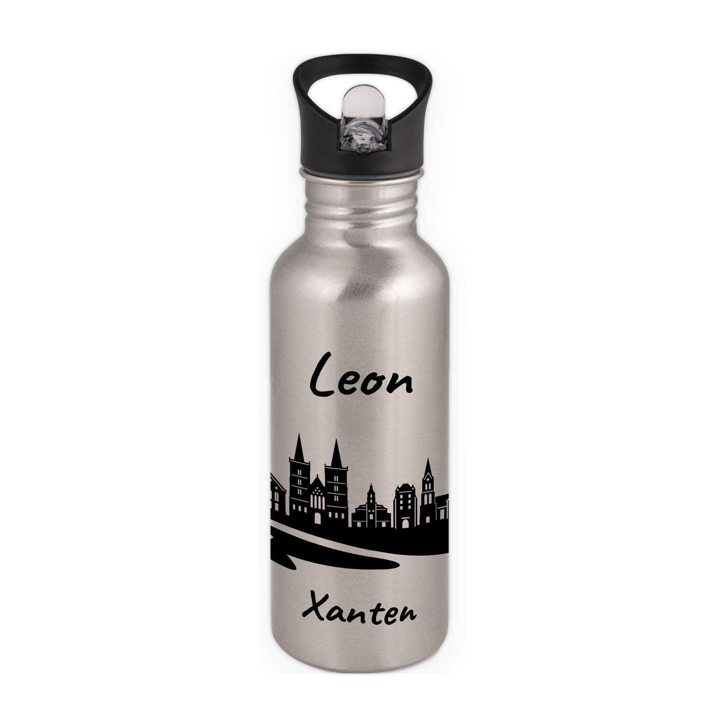 Trinkflasche in Silber 600ml aus Edelstahl bedruckt mit der Skyline von Xanten personalisierbar mit Wunschname