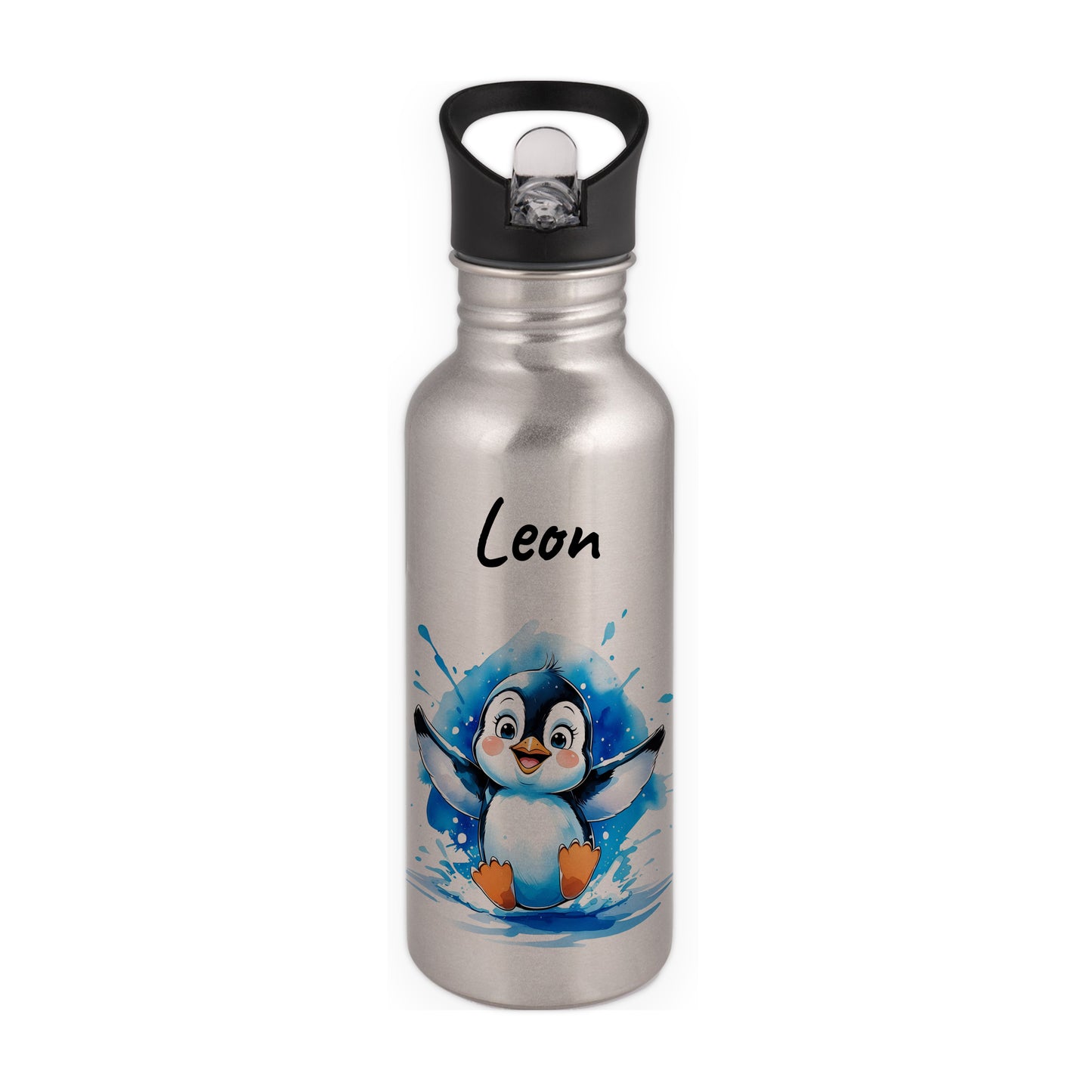 Trinkflasche mit Strohhalm in Silber 600ml bedruckt mit niedlichen Tieren"Pinguin" personalisierbar für Kinder mit Wunschname aus Edelstahl