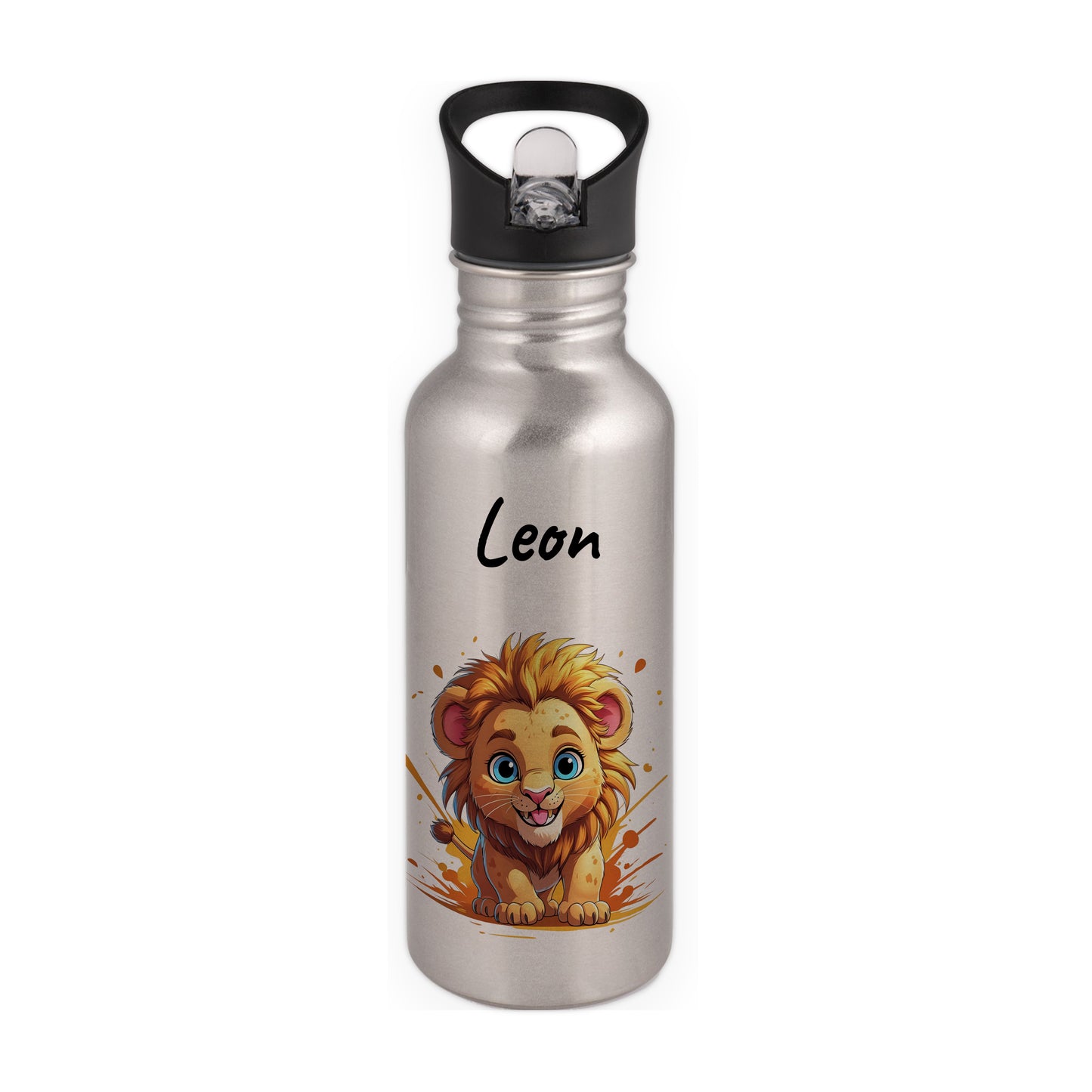 Trinkflasche mit Strohhalm in Silber 600ml bedruckt mit niedlichen Tieren"Löwe" personalisierbar für Kinder mit Wunschname aus Edelstahl