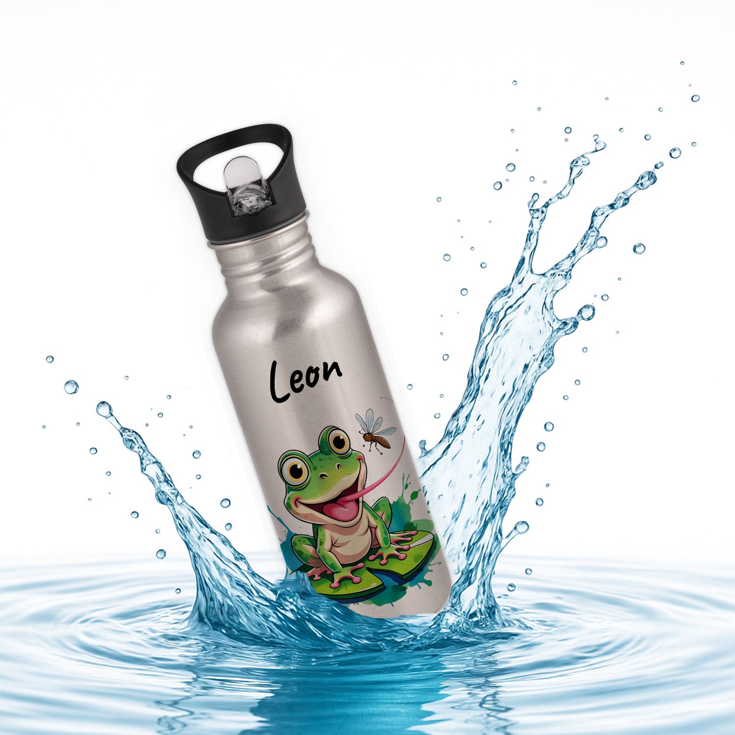 Trinkflasche mit Strohhalm in Silber 600ml bedruckt mit niedlichen Tieren"Frosch" personalisierbar für Kinder mit Wunschname aus Edelstahl
