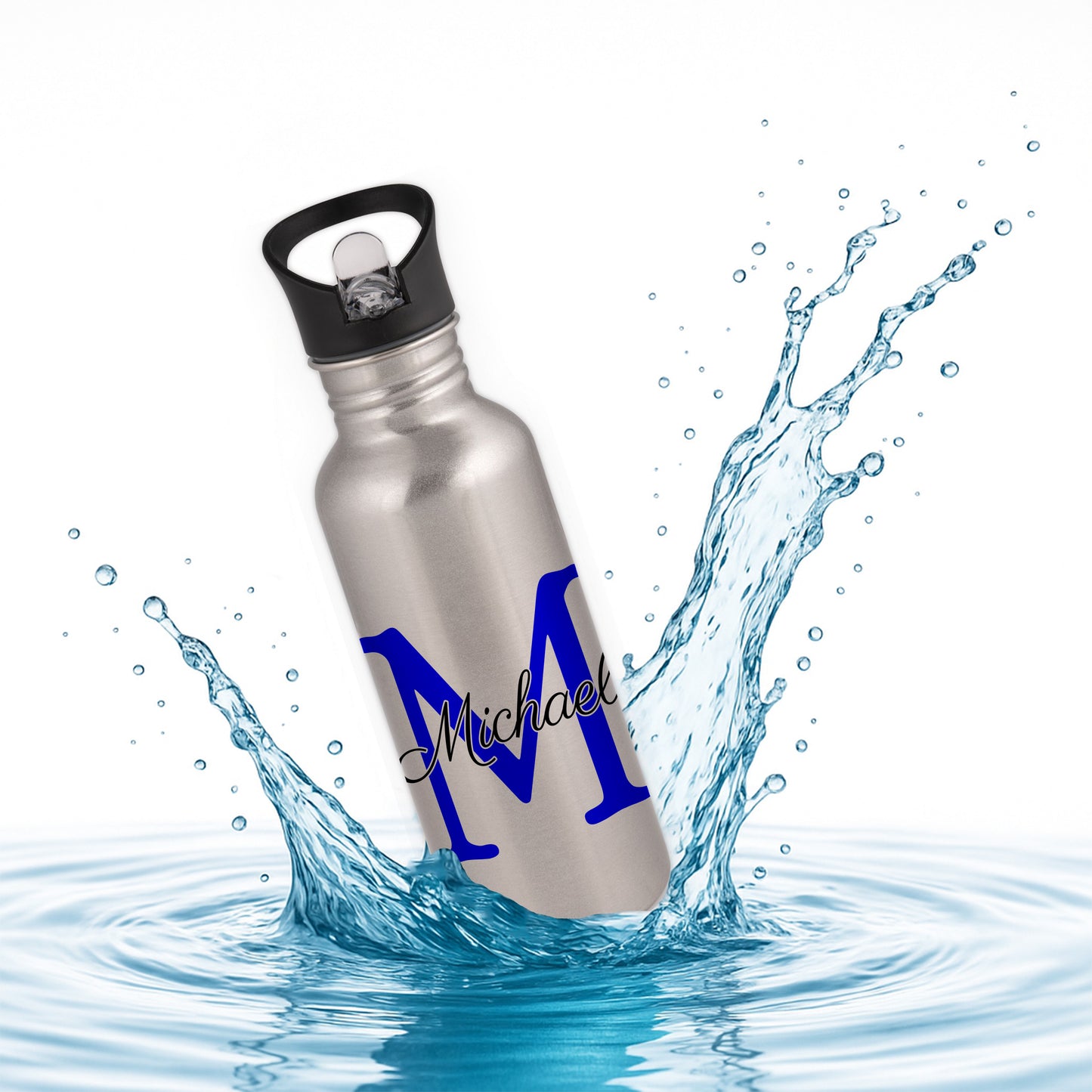Trinkflasche in Silber 600ml aus Edelstahl bedruckt als "Namensflasche" personalisierbar für Kinder und Erwachsene mit Wunschname