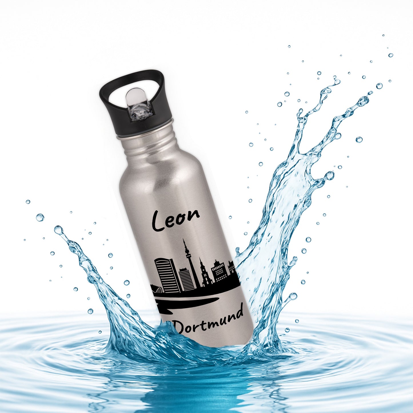 Trinkflasche in Silber 600ml aus Edelstahl bedruckt mit der Skyline von Dortmund personalisierbar mit Wunschname