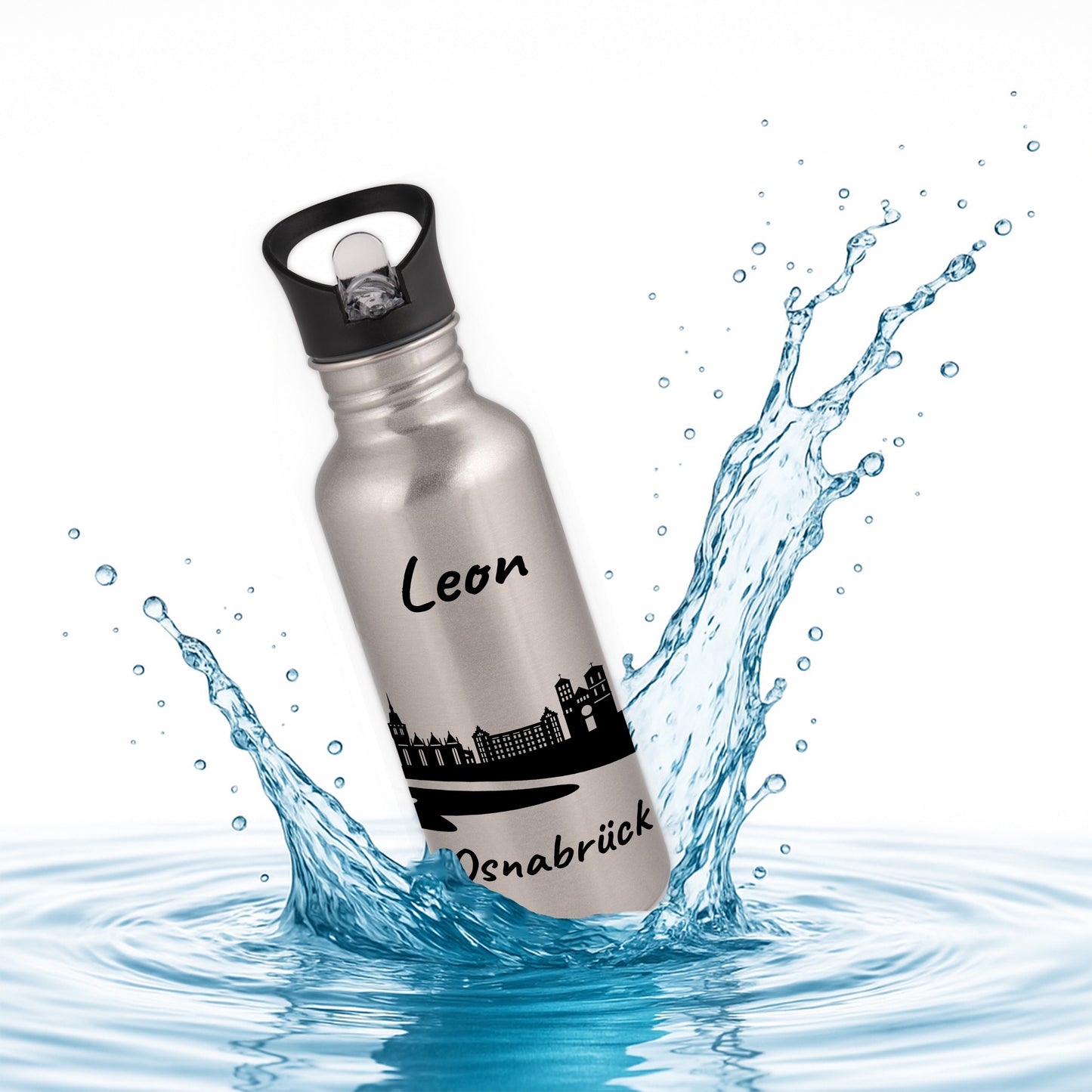 Trinkflasche in Silber 600ml aus Edelstahl bedruckt mit der Skyline von Osnabrück personalisierbar mit Wunschname