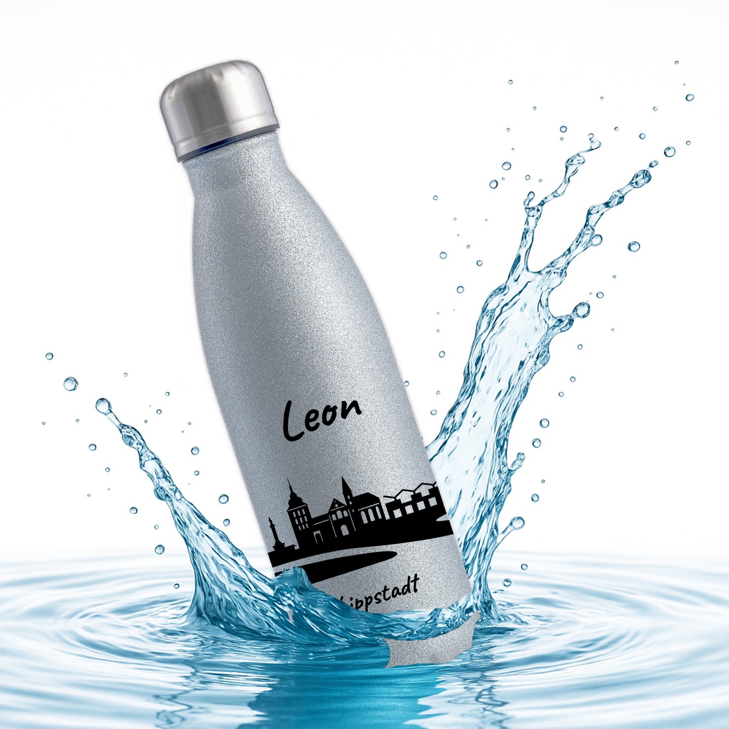 Glitzer Trinkflasche in Silber 500ml aus Edelstahl bedruckt mit der Skyline von Lippstadt personalisierbar mit Wunschname