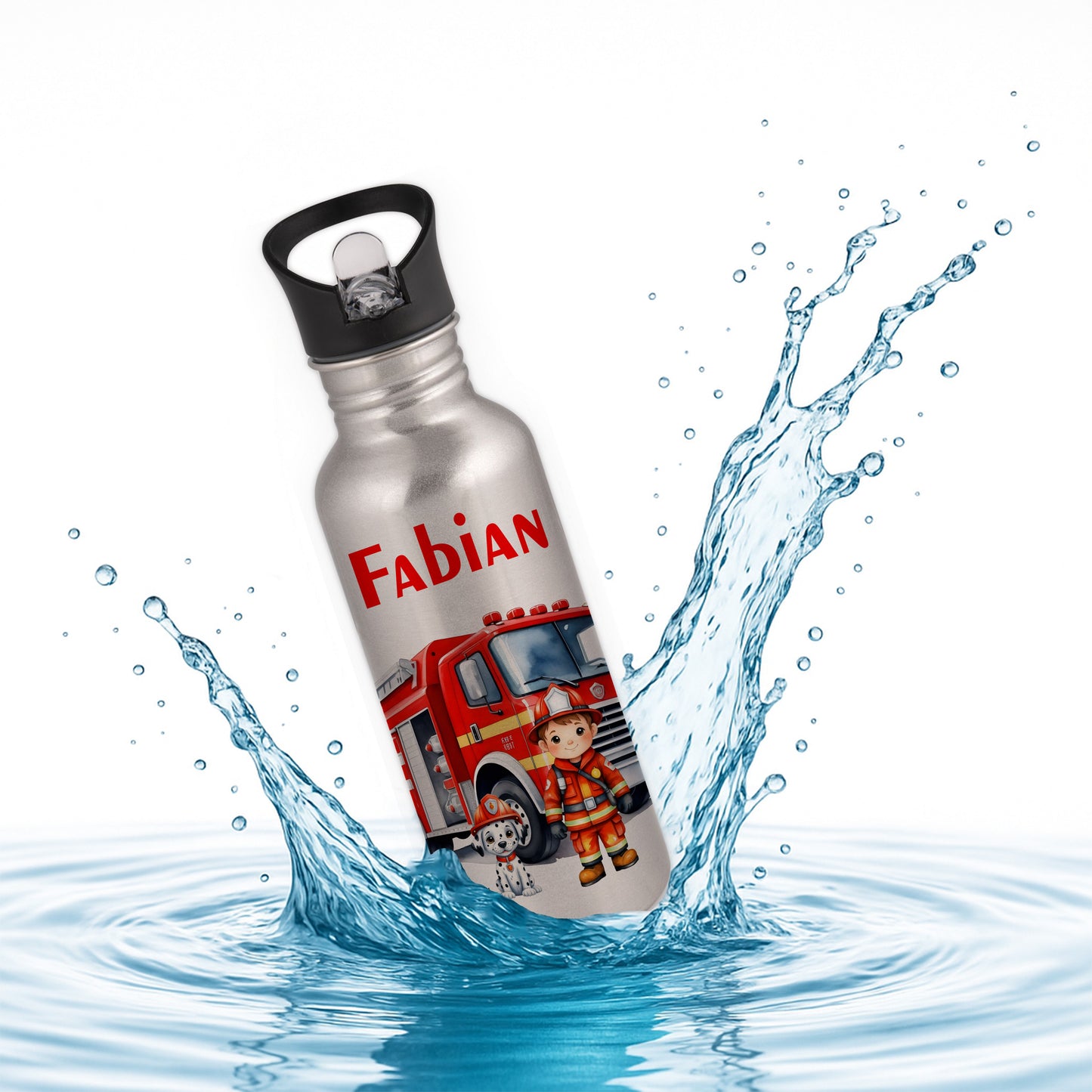 Trinkflasche mit Strohhalm in Silber 600ml bedruckt mit tollen Motiven für Kinder "Feuerwehr" personalisierbar für Kinder mit Wunschname aus Edelstahl