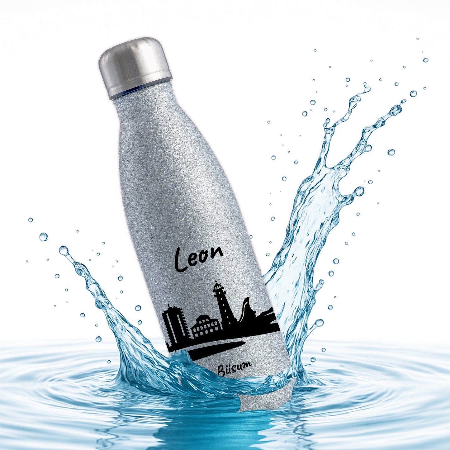 Glitzer Trinkflasche in Silber 500ml aus Edelstahl bedruckt mit der Skyline von Büsum personalisierbar mit Wunschname