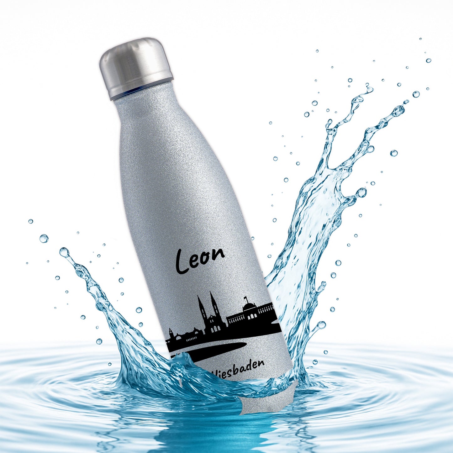 Glitzer Trinkflasche in Silber 500ml aus Edelstahl bedruckt mit der Skyline von Wiesbaden personalisierbar mit Wunschname