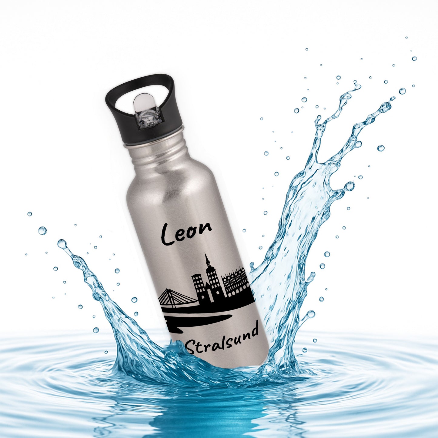 Trinkflasche in Silber 600ml aus Edelstahl bedruckt mit der Skyline von Stralsund personalisierbar mit Wunschname