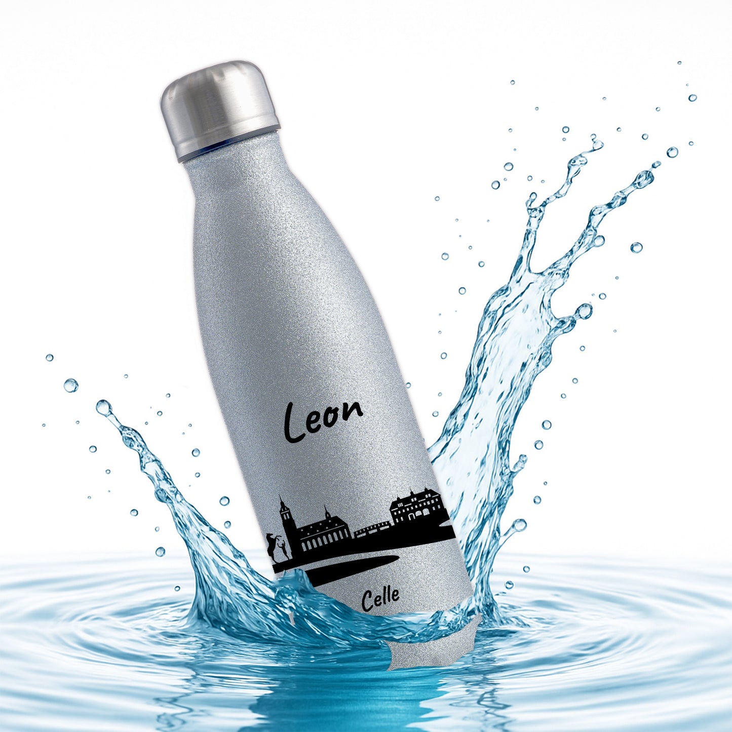Glitzer Trinkflasche in Silber 500ml aus Edelstahl bedruckt mit der Skyline von Celle personalisierbar mit Wunschname