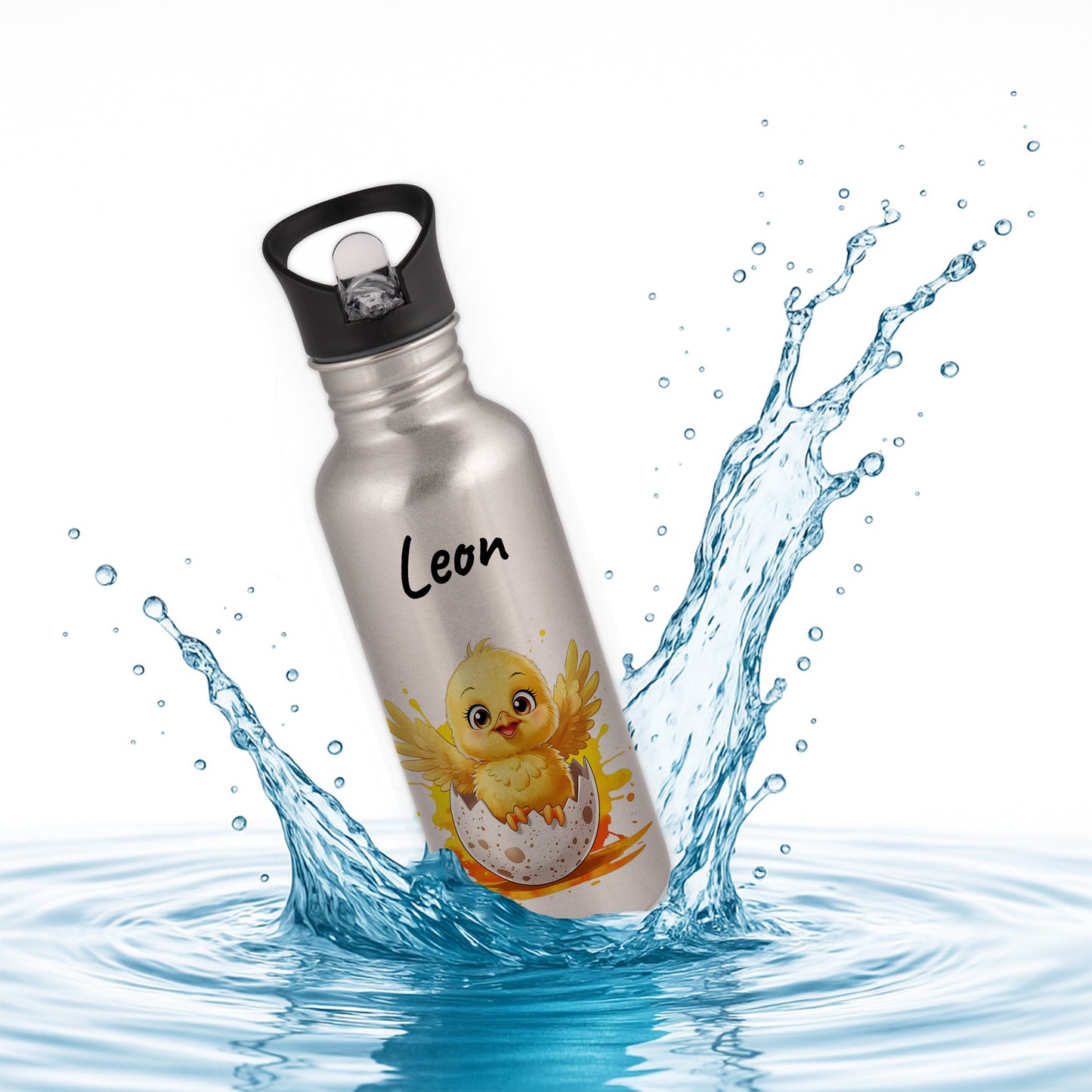 Trinkflasche mit Strohhalm in Silber 600ml bedruckt mit niedlichen Tieren"Küken" personalisierbar für Kinder mit Wunschname aus Edelstahl