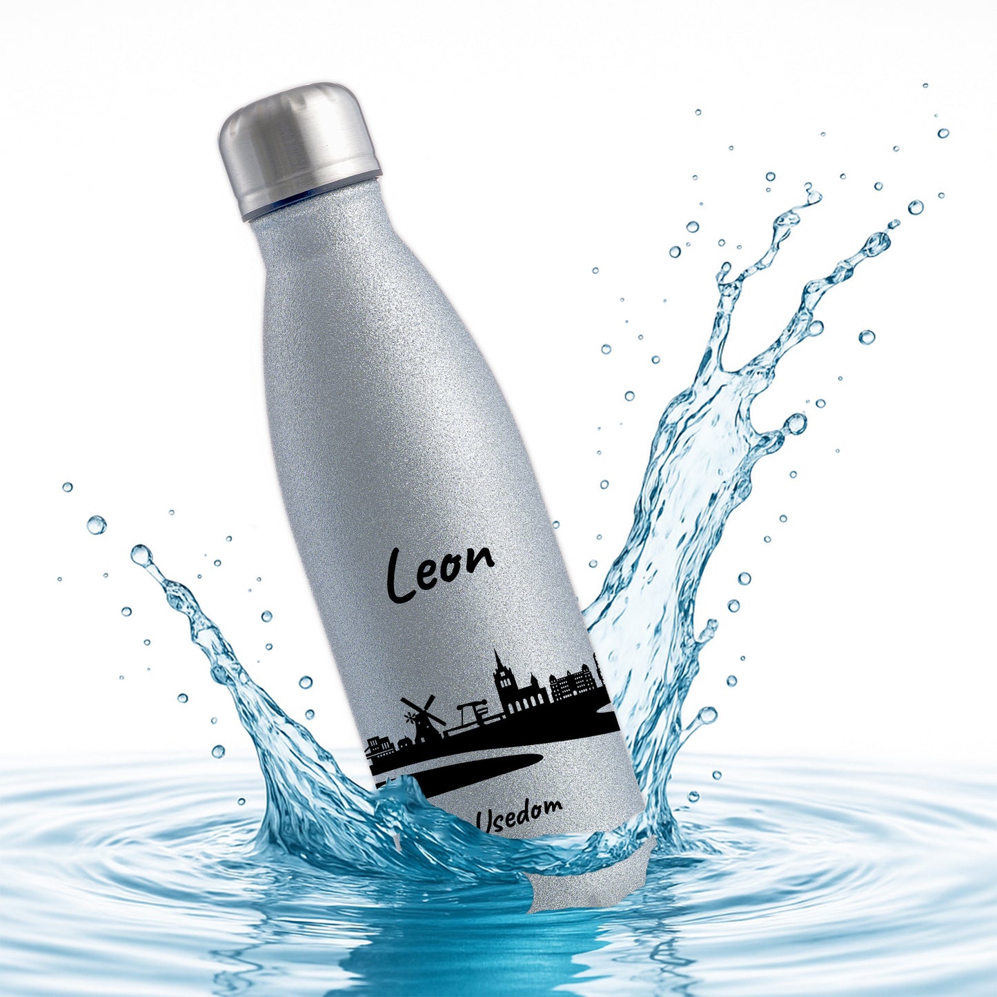 Glitzer Trinkflasche in Silber 500ml aus Edelstahl bedruckt mit der Skyline von Usedom personalisierbar mit Wunschname