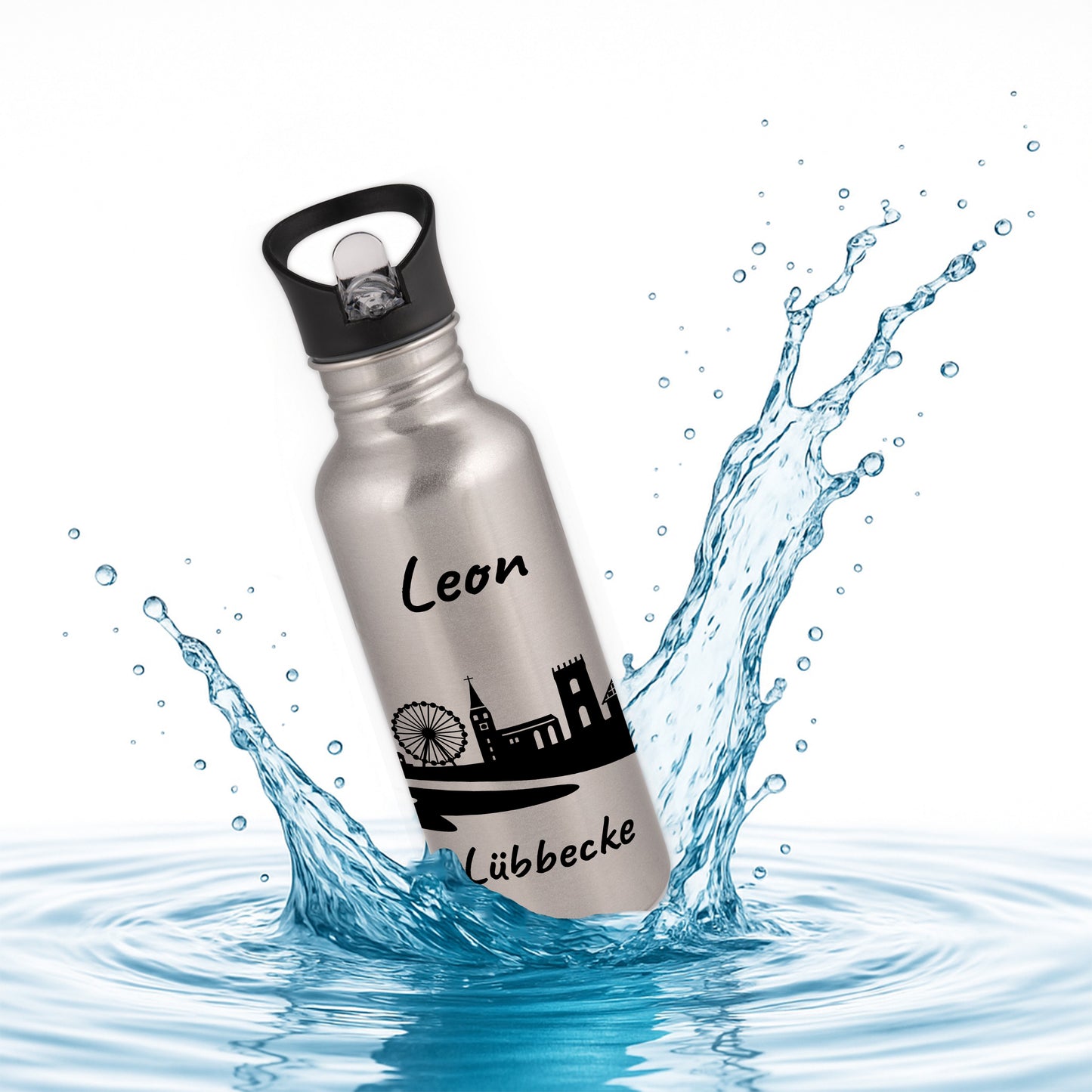 Trinkflasche in Silber 600ml aus Edelstahl bedruckt mit der Skyline von Lübbecke personalisierbar mit Wunschname