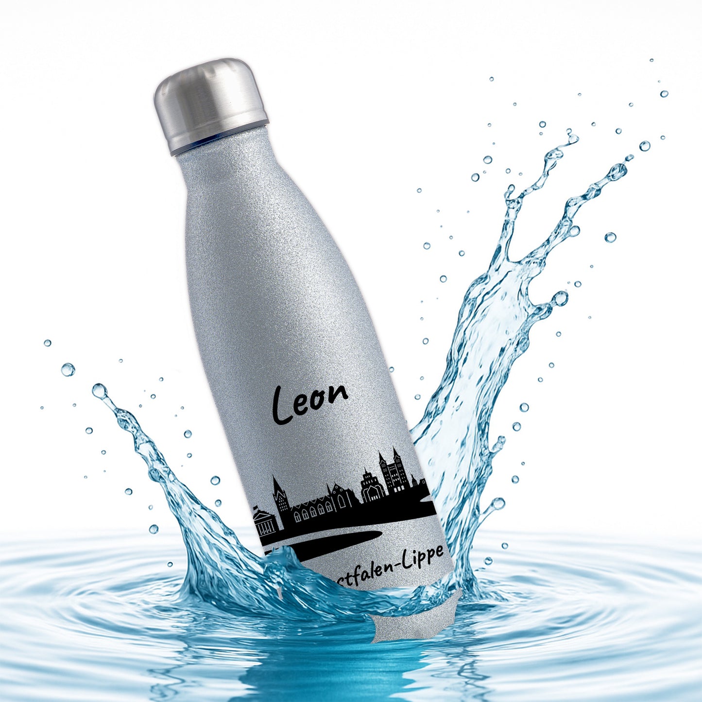 Glitzer Trinkflasche in Silber 500ml aus Edelstahl bedruckt mit der Skyline von Ostwestfalen-Lippe personalisierbar mit Wunschname