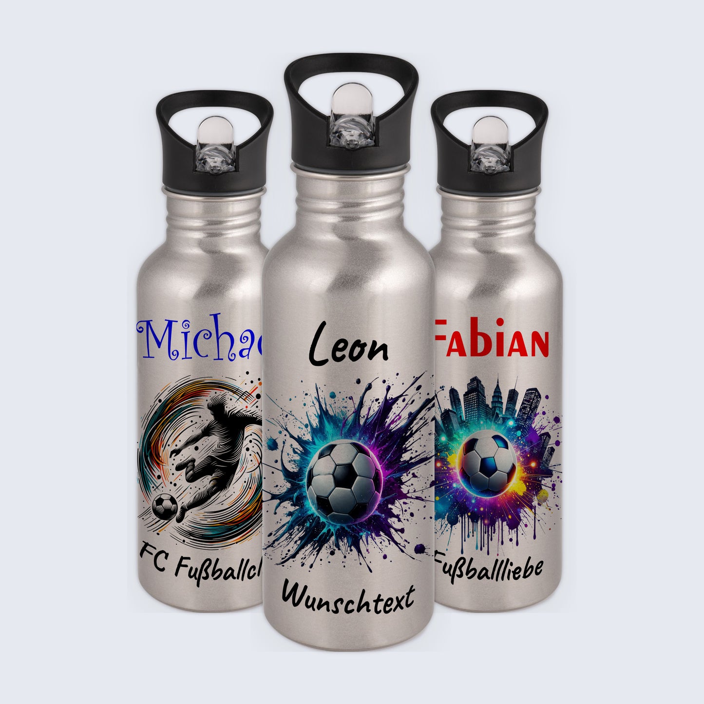 Trinkflasche mit Strohhalm in Silber 600ml bedruckt mit Fußball Motiven"Motiv10" personalisierbar für Kinder mit Wunschname aus Edelstahl