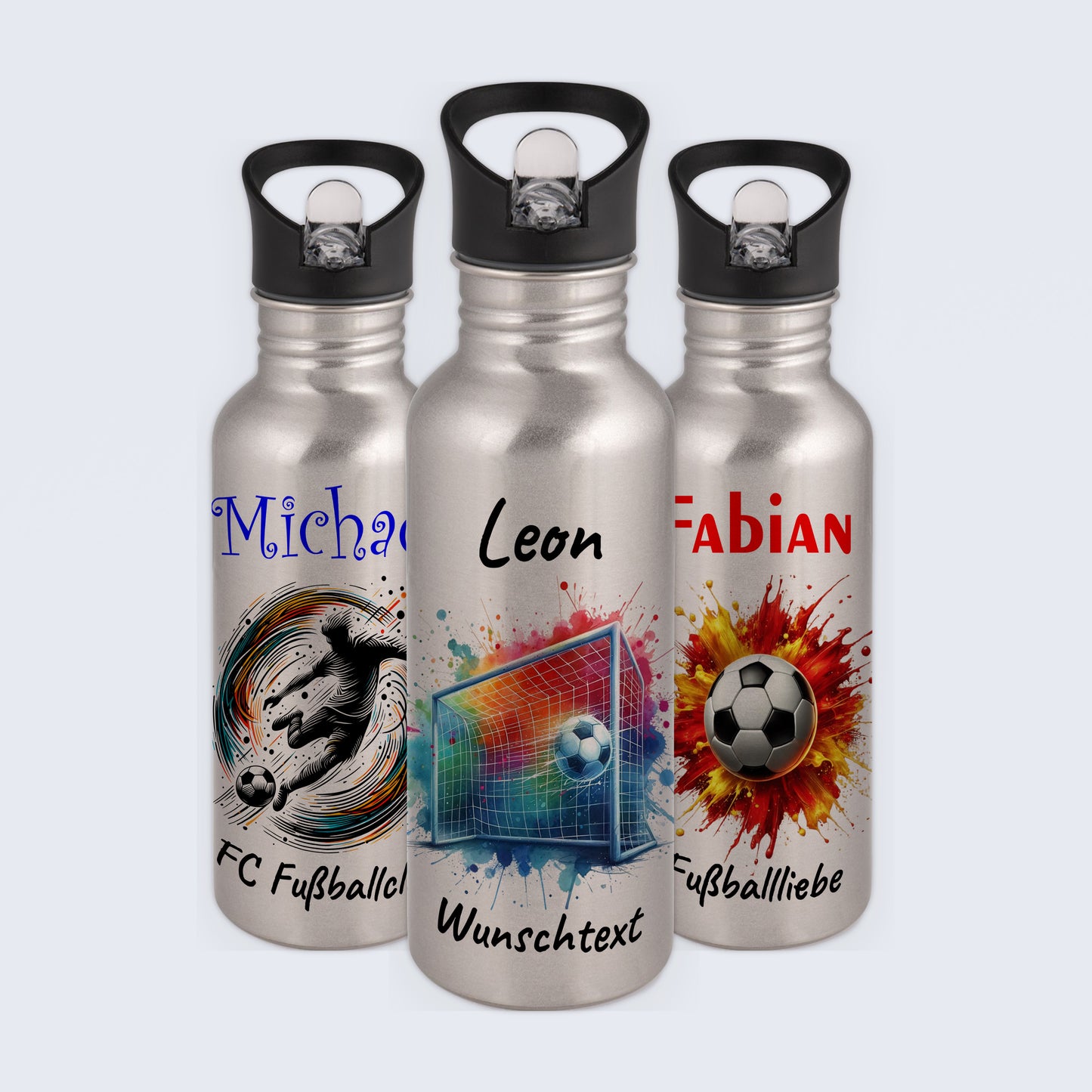 Trinkflasche mit Strohhalm in Silber 600ml bedruckt mit Fußball Motiven"Motiv5" personalisierbar für Kinder mit Wunschname aus Edelstahl