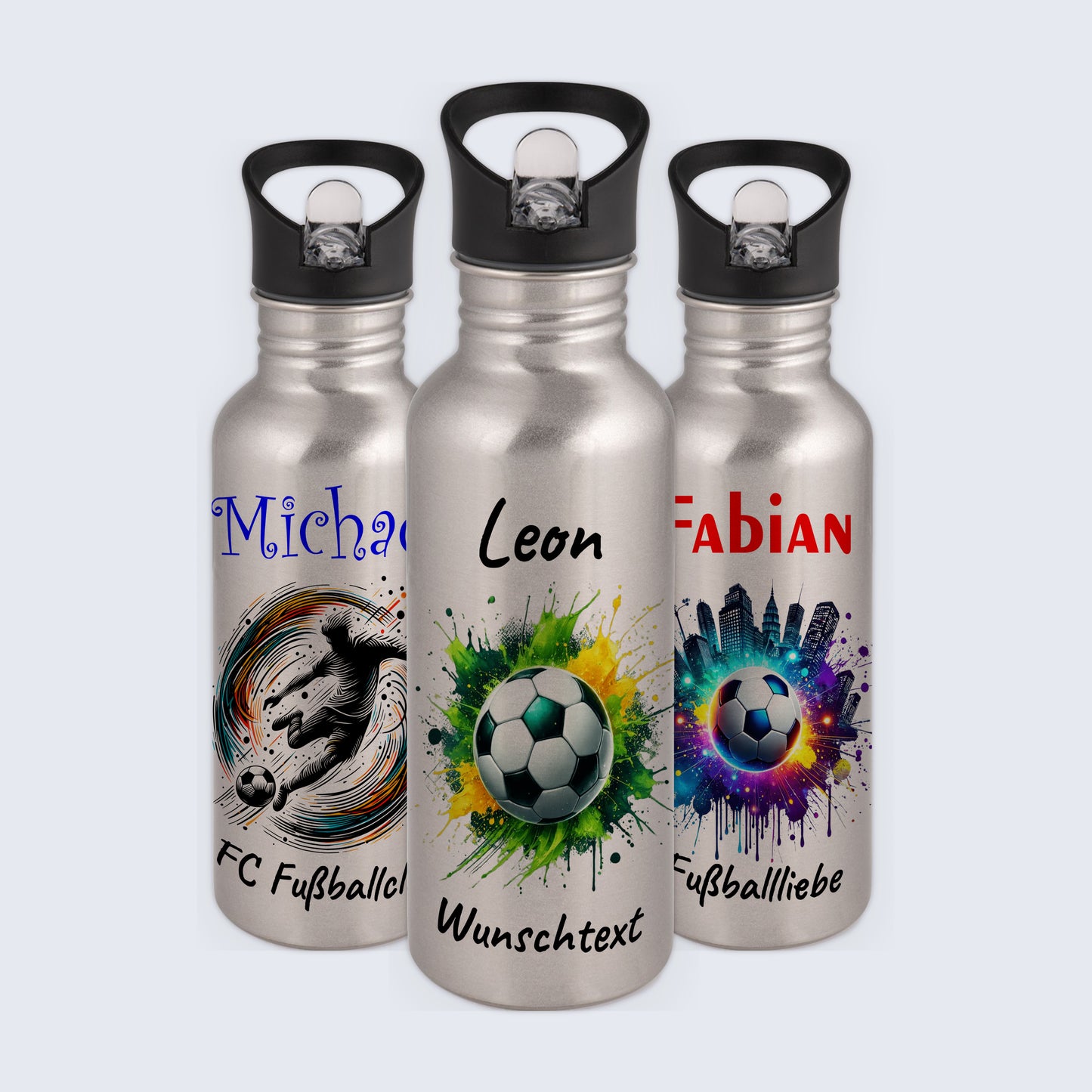 Trinkflasche mit Strohhalm in Silber 600ml bedruckt mit Fußball Motiven"Motiv11" personalisierbar für Kinder mit Wunschname aus Edelstahl