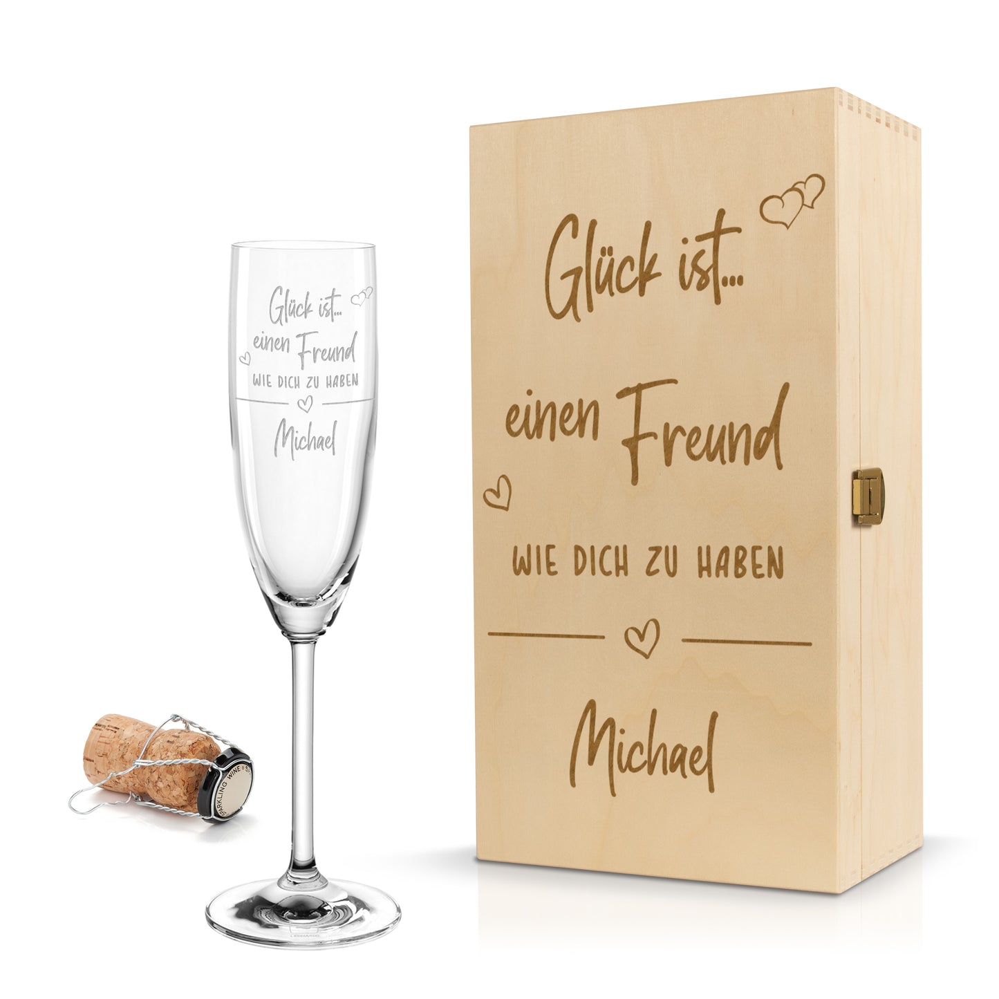 Sektglas mit Gravur Leonardo Daily "GLÜCK IST EINEN FREUND WIE DICH ZU HABEN" inkl. Holzbox klein mit Wunschname