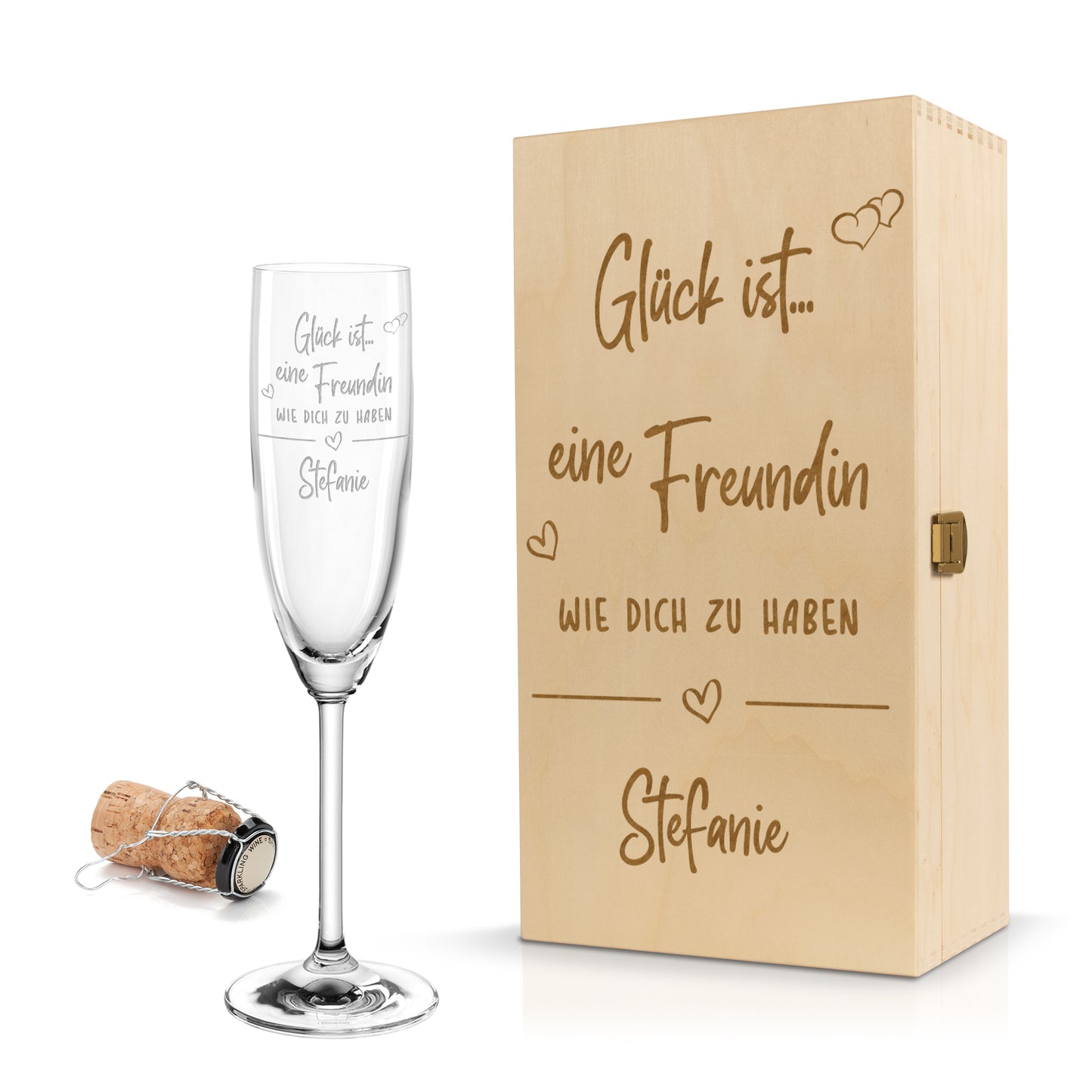 Sektglas mit Gravur Leonardo Daily "GLÜCK IST EINE FREUNDIN WIE DICH ZU HABEN" inkl. Holzbox klein mit Wunschname