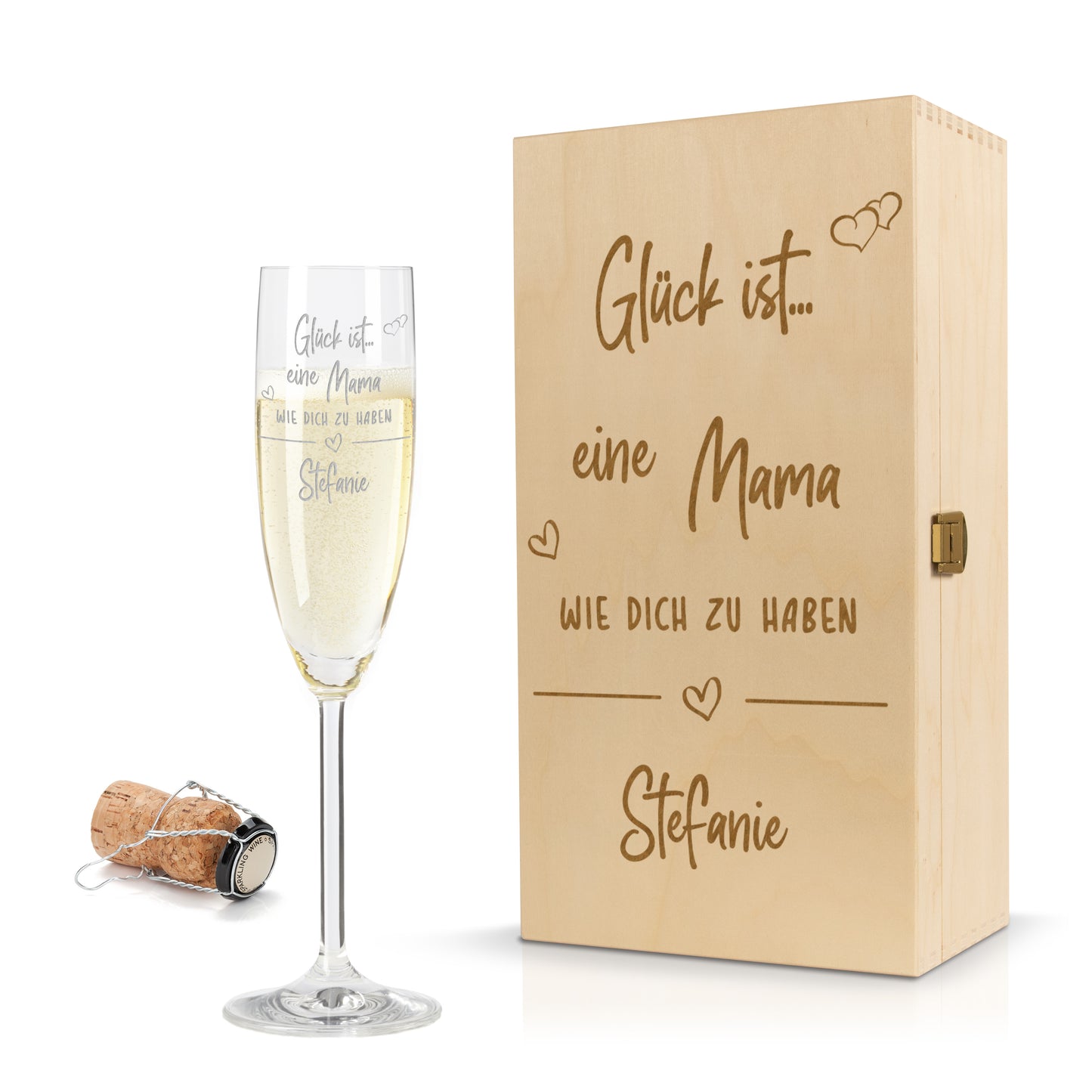 Sektglas mit Gravur Leonardo Daily "GLÜCK IST EINE MAMA WIE DICH ZU HABEN" inkl. Holzbox klein mit Wunschname
