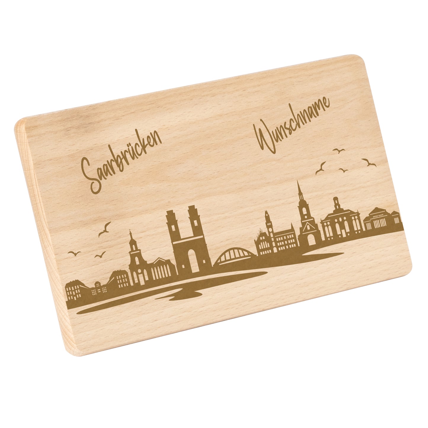 Frühstücksbrettchen 220x120mm mit Gravur mit der Skyline von Saarbrücken personalisierbar mit Wunschname