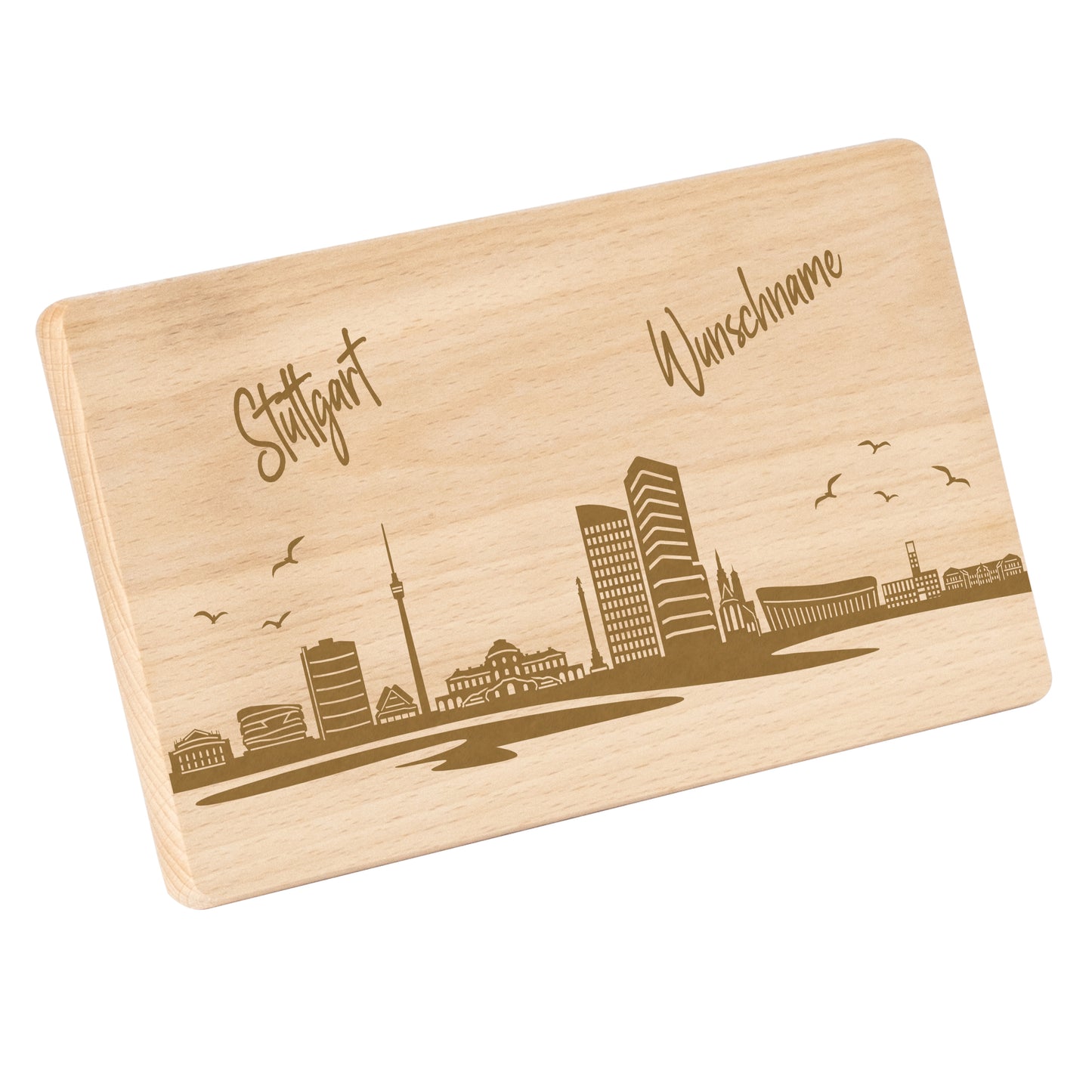 Frühstücksbrettchen 220x120mm mit Gravur mit der Skyline von Stuttgart personalisierbar mit Wunschname