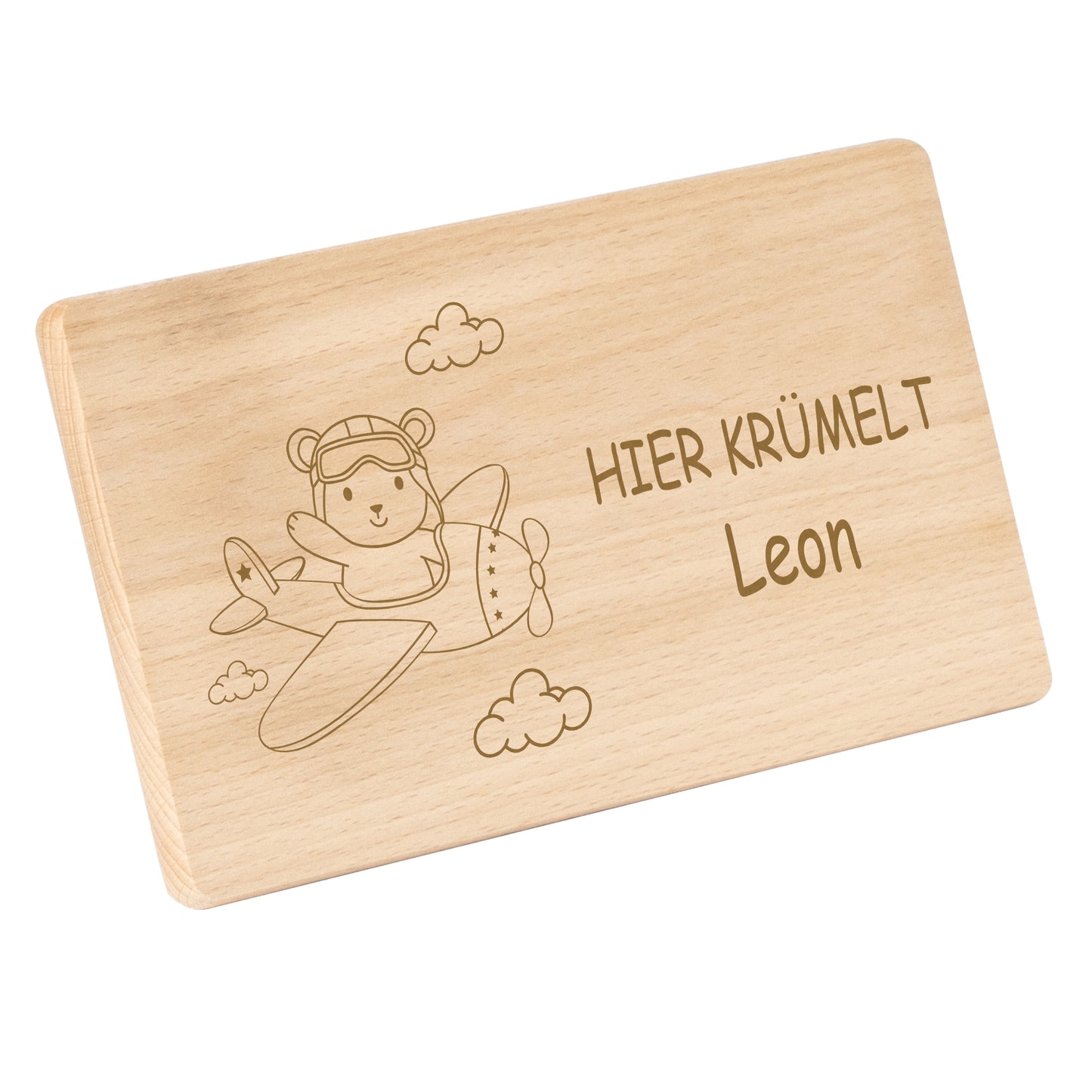 Frühstücksbrettchen 220x120mm mit Gravur "HIER KRÜMELT" Flugzeug mit Bär und Wunschname