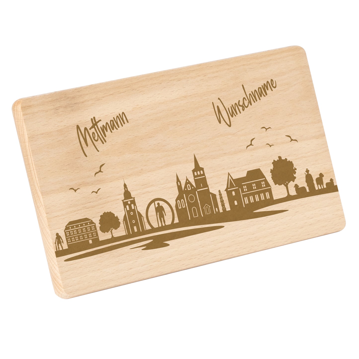 Frühstücksbrettchen 220x120mm mit Gravur mit der Skyline von Mettmann personalisierbar mit Wunschname