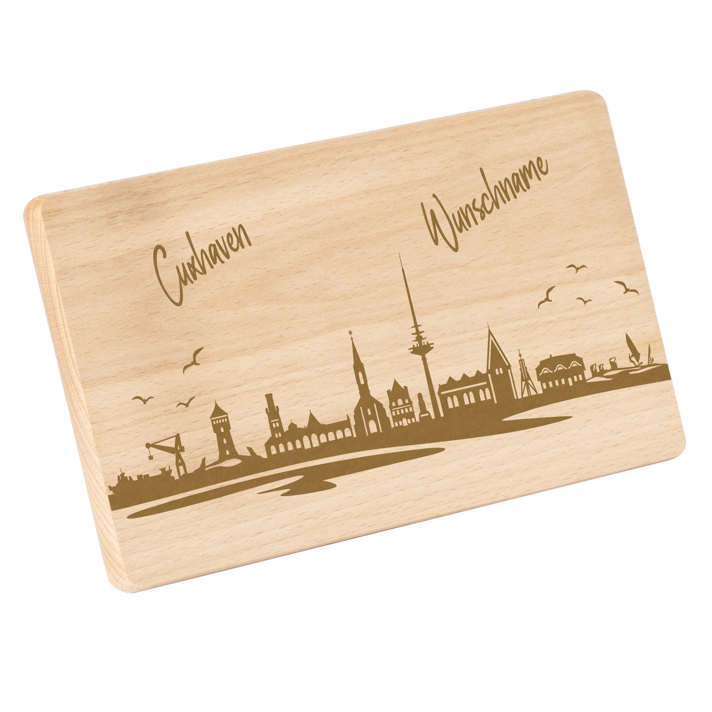 Frühstücksbrettchen 220x120mm mit Gravur mit der Skyline von Cuxhaven personalisierbar mit Wunschname