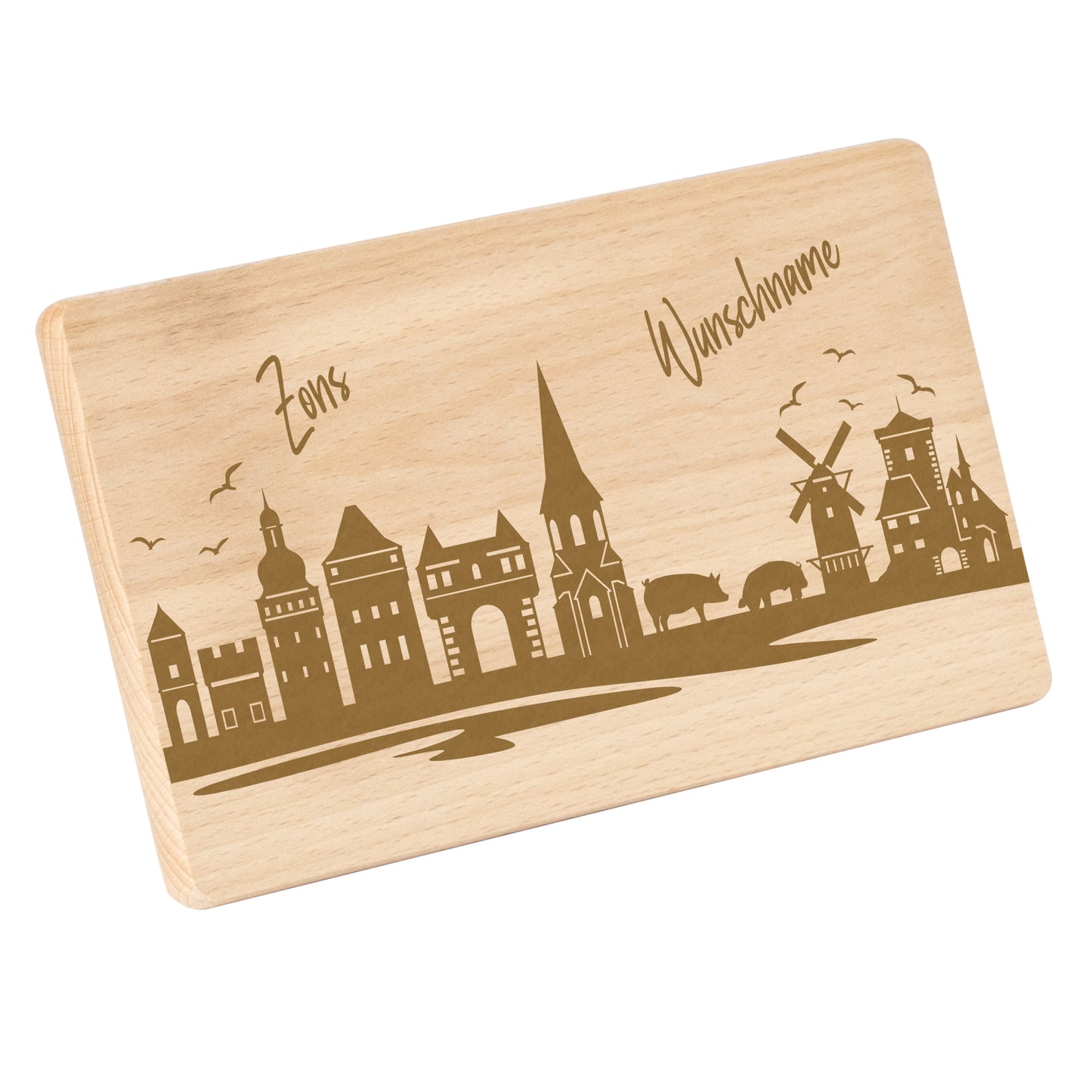 Frühstücksbrettchen 220x120mm mit Gravur mit der Skyline von Zons (Dormagen) personalisierbar mit Wunschname
